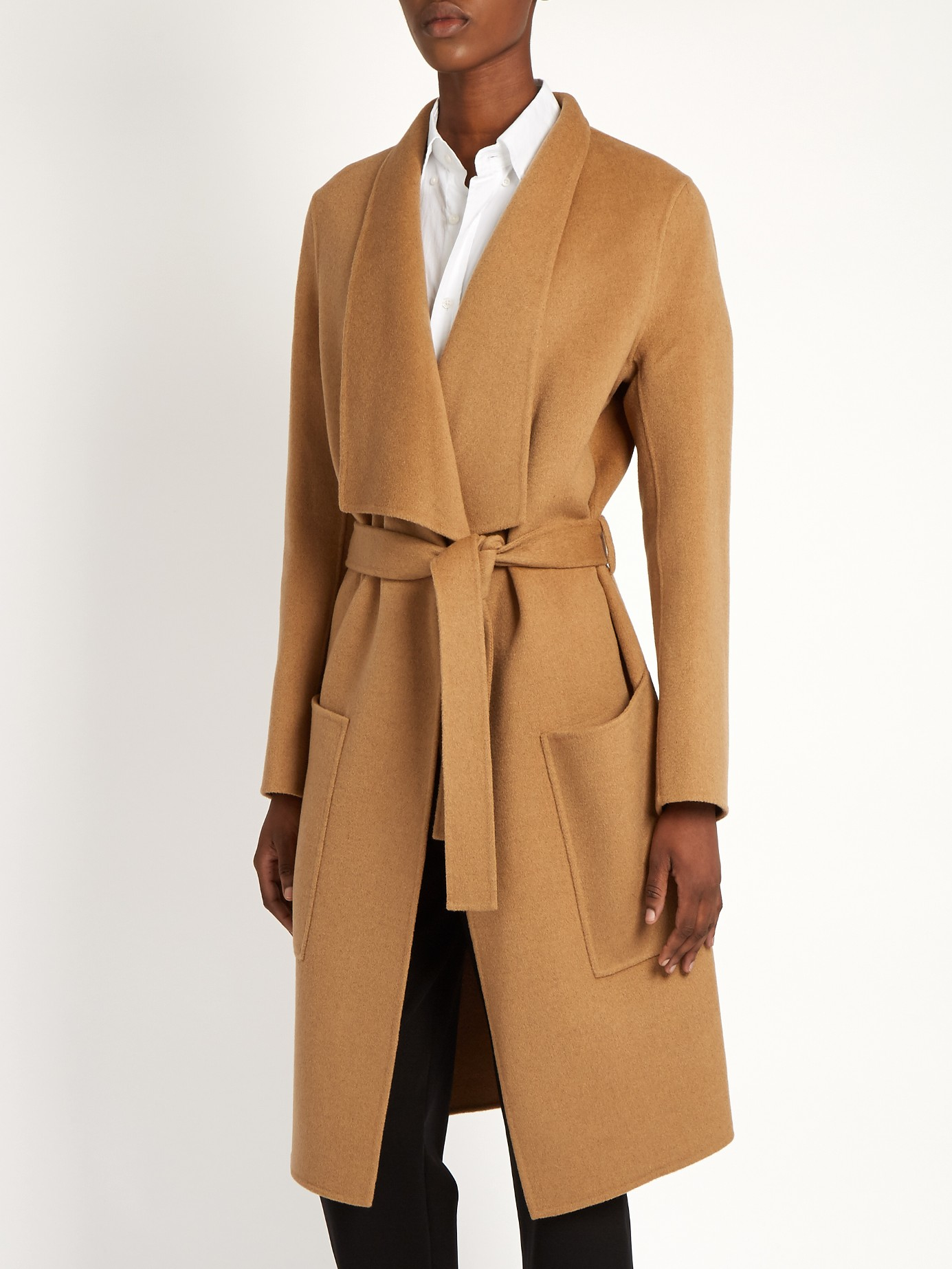 tie waist camel coat