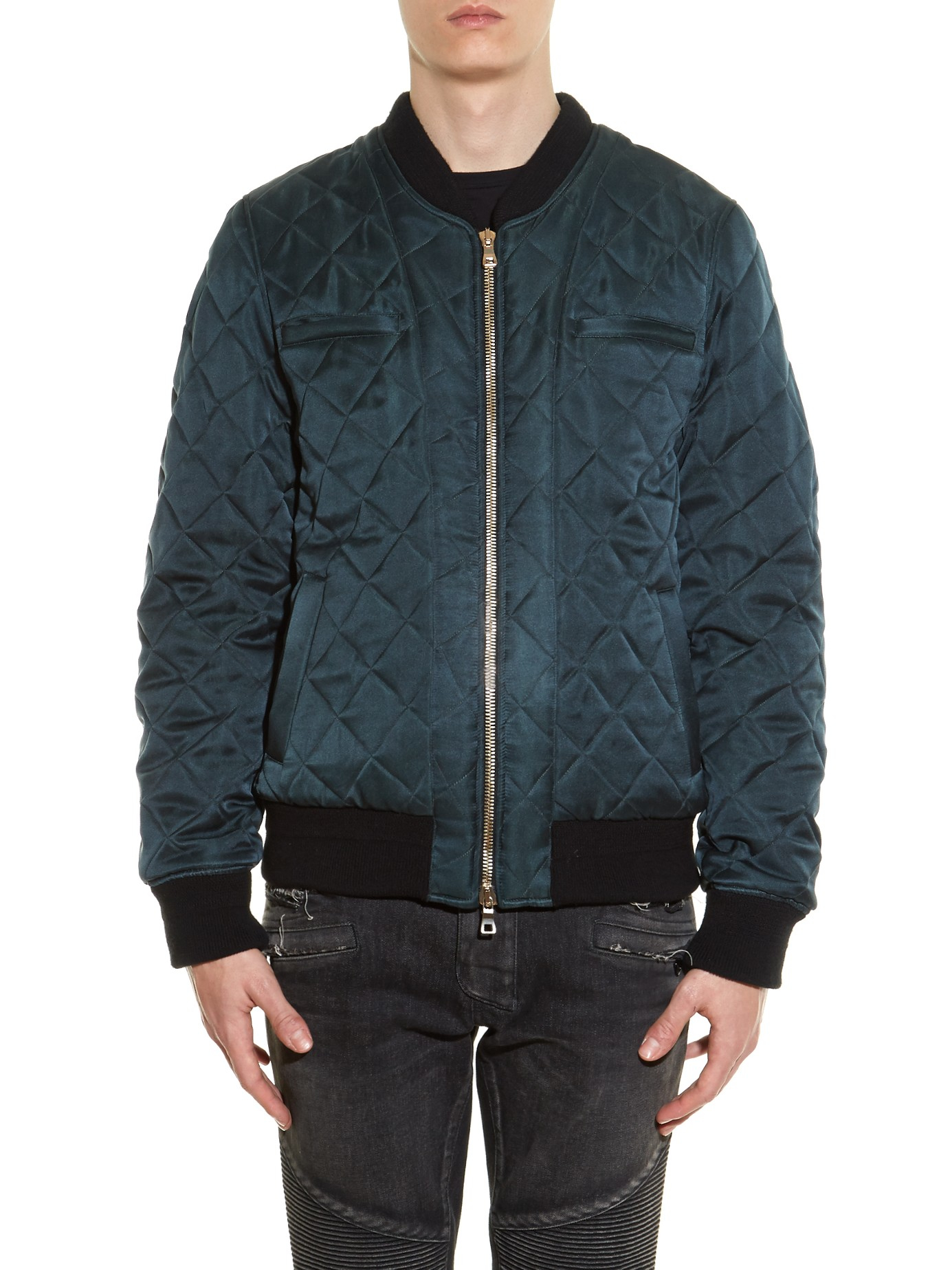 Balmain Silk Badge-embellished Diamond-quilted Bomber Jacket in Green ...