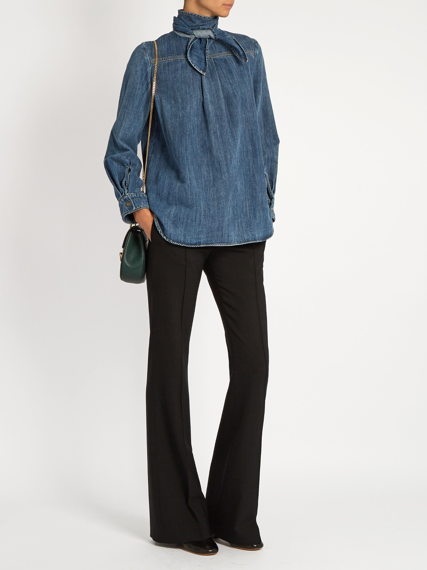 Tie-neck Long-sleeved Denim Blouse 