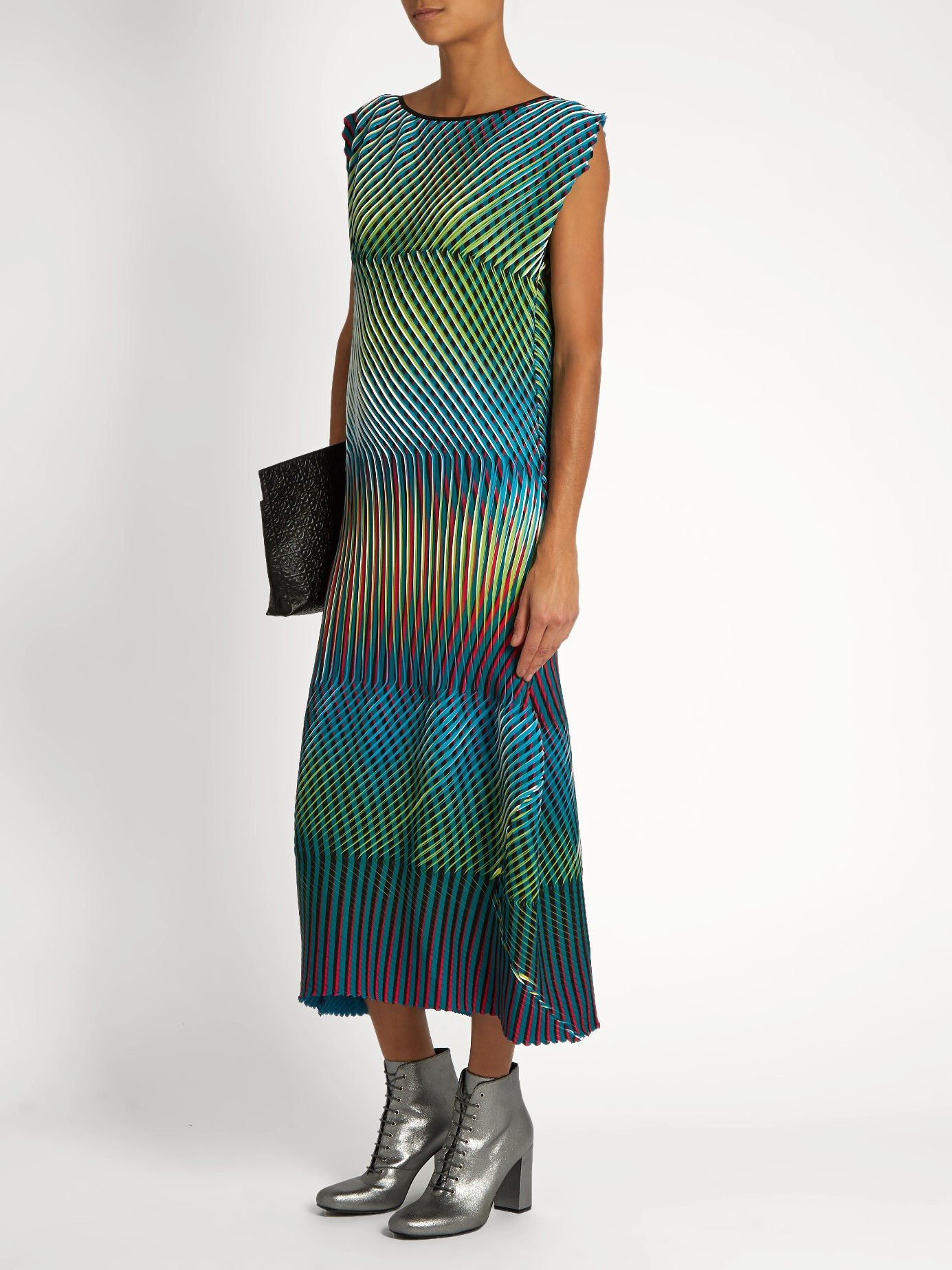 Issey Miyake Synthetic Prism 2 Striped And Pleated Midi Dress in Blue ...