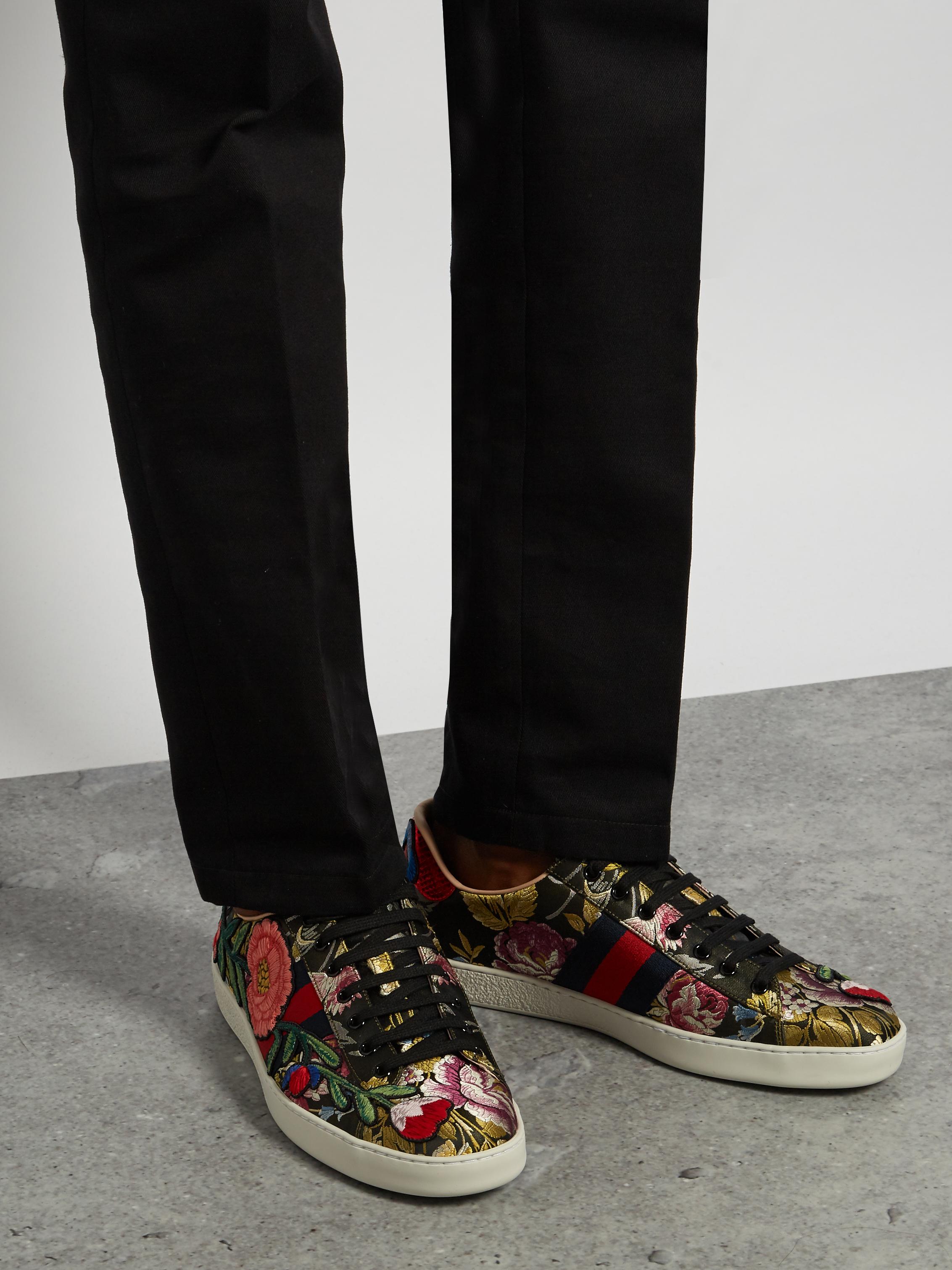 Gucci Leather Ace Low-top Floral-jacquard Trainers in Black for Men - Lyst