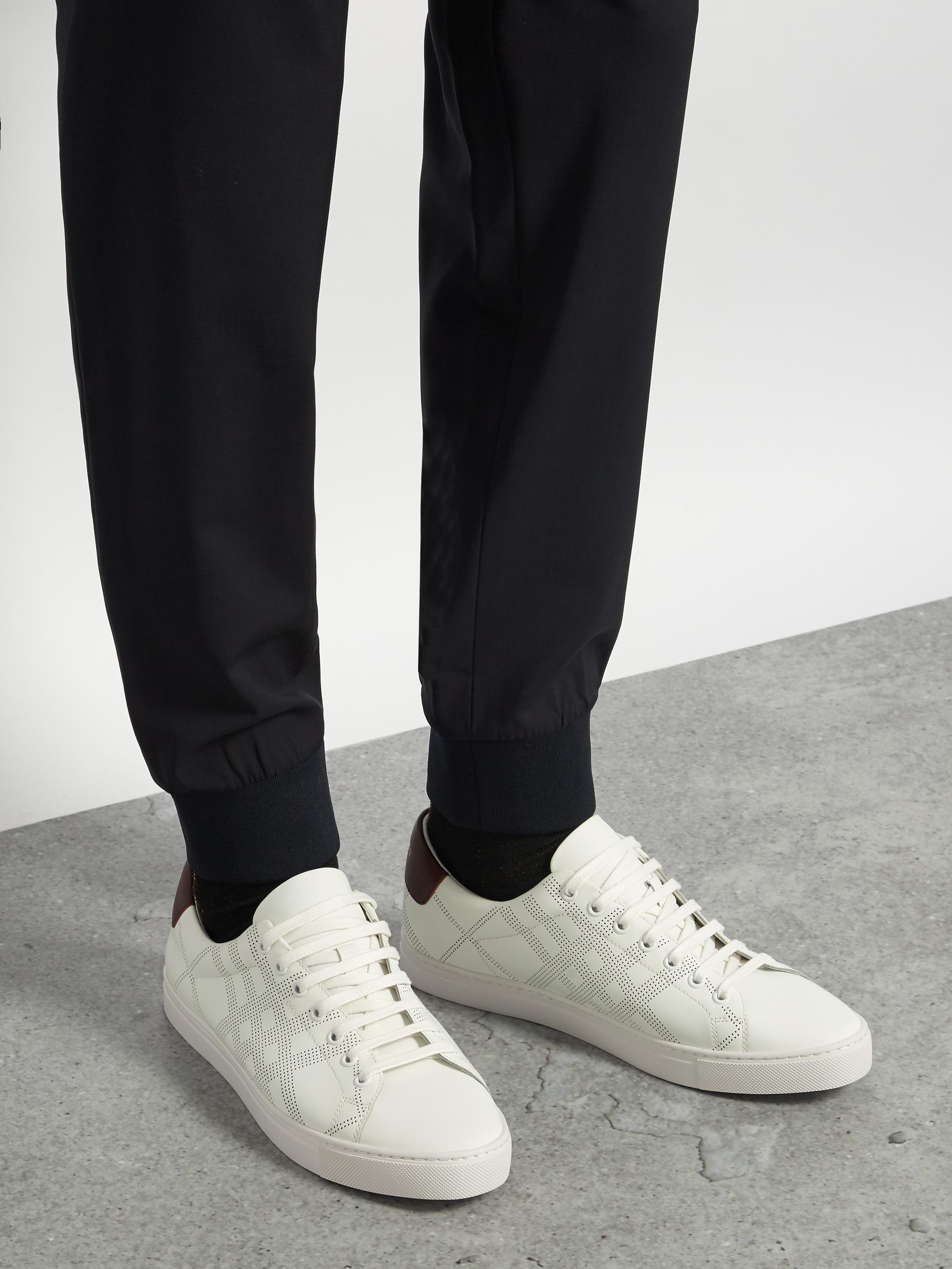 Burberry Albert Perforated-check Low-top Leather Trainers in White for Men  | Lyst