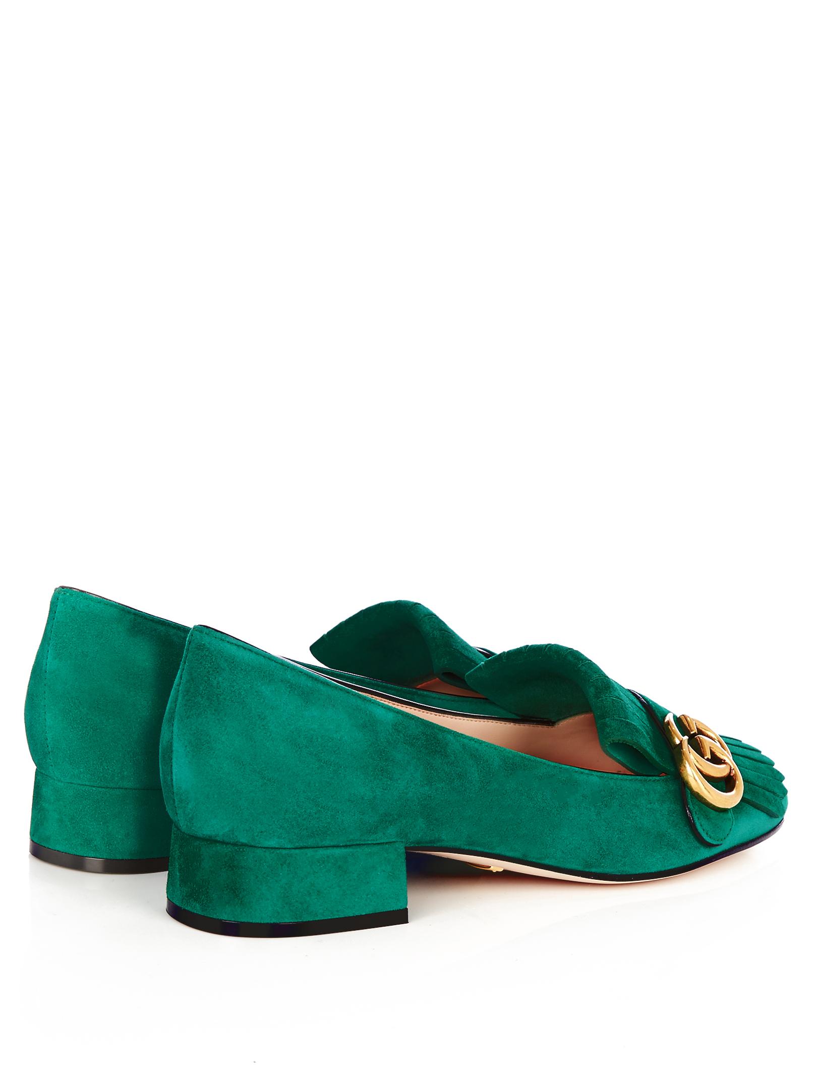 Gucci Marmont Fringed Suede Loafers in Green | Lyst