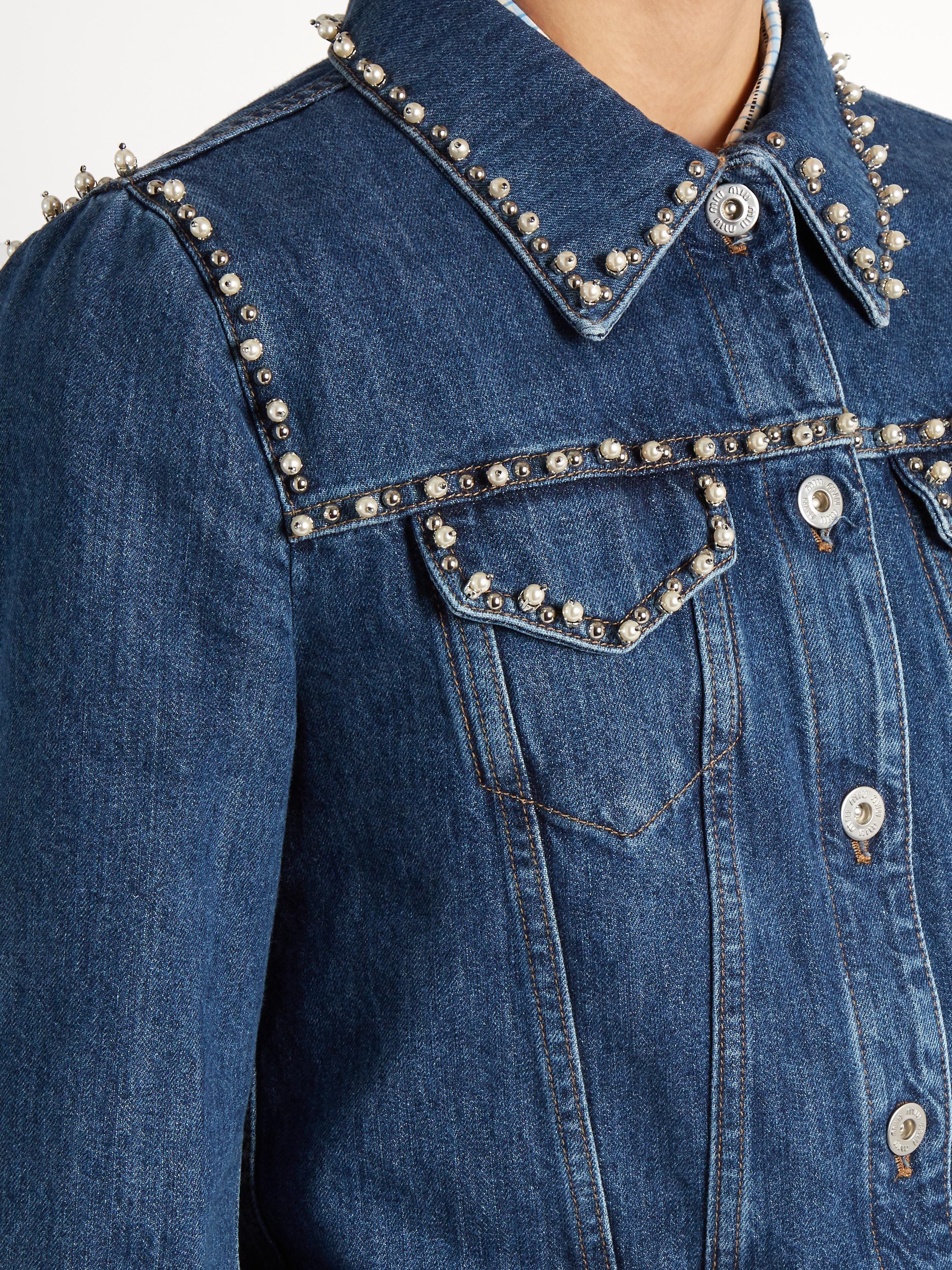 Miu Miu Pearl-embellished Cropped Denim Jacket in Blue - Lyst