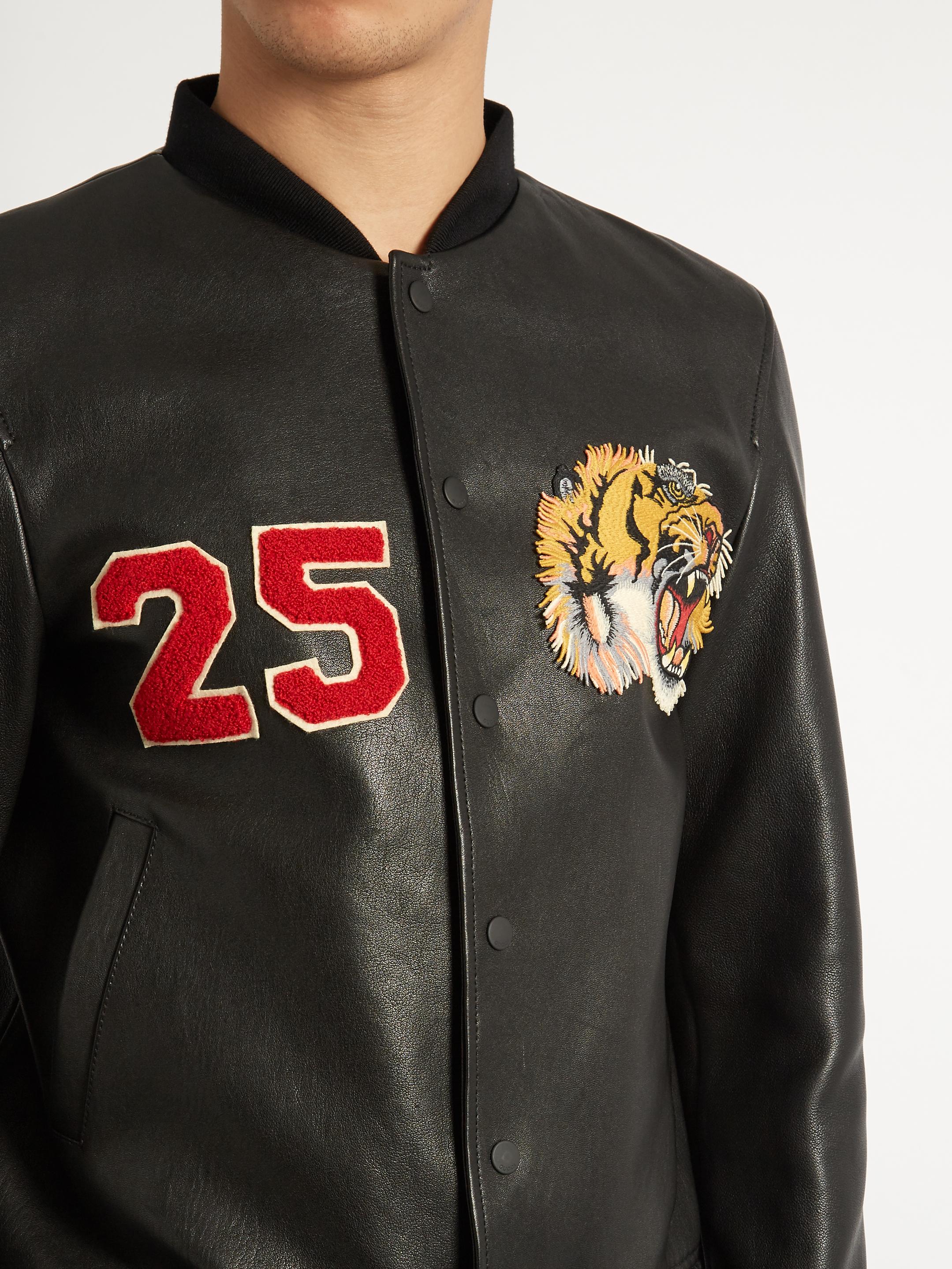 Gucci Tiger-appliqué Leather Bomber Jacket in Black for Men | Lyst
