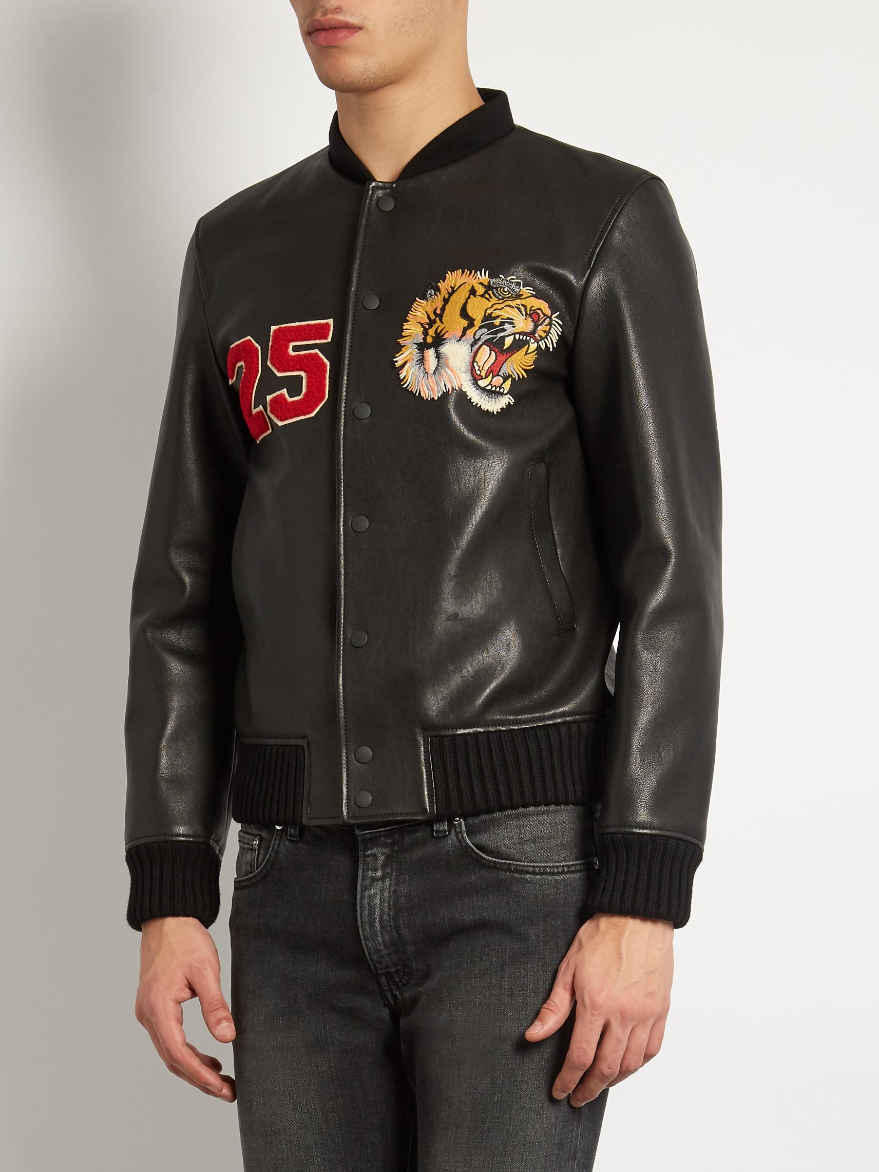 Gucci Tiger-appliqué Leather Bomber Jacket in Black for Men