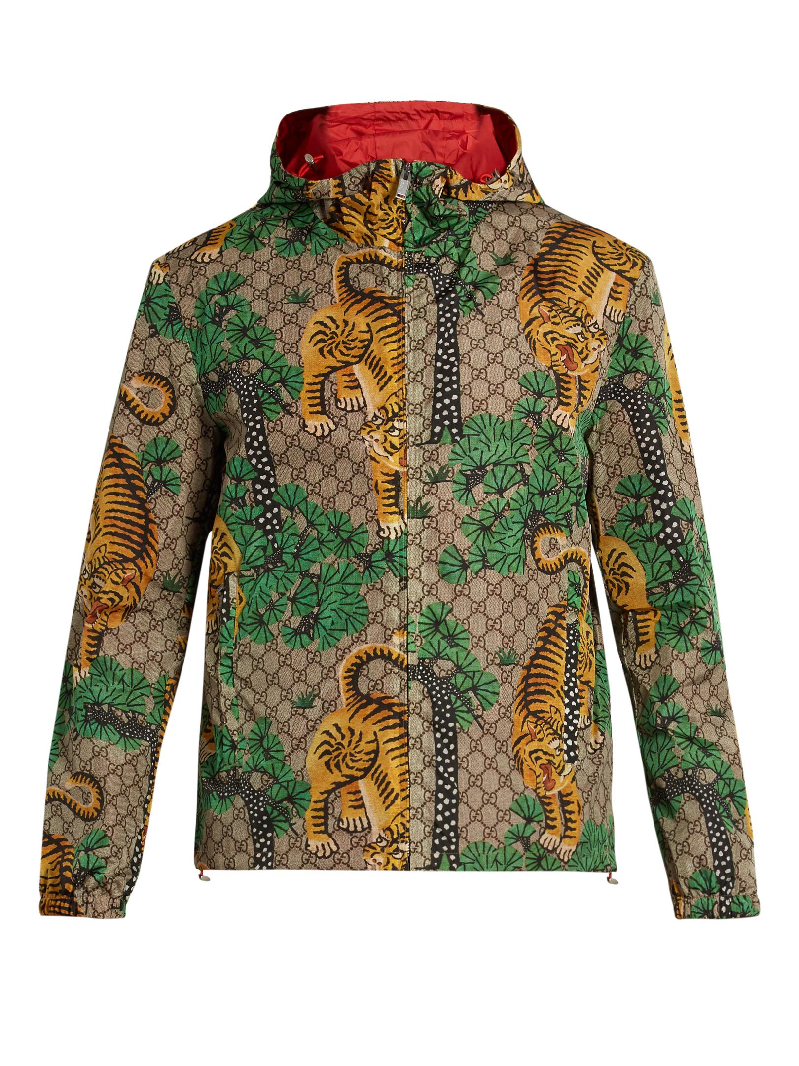 Gucci Tiger-print Hooded Jacket in Green for Men | Lyst
