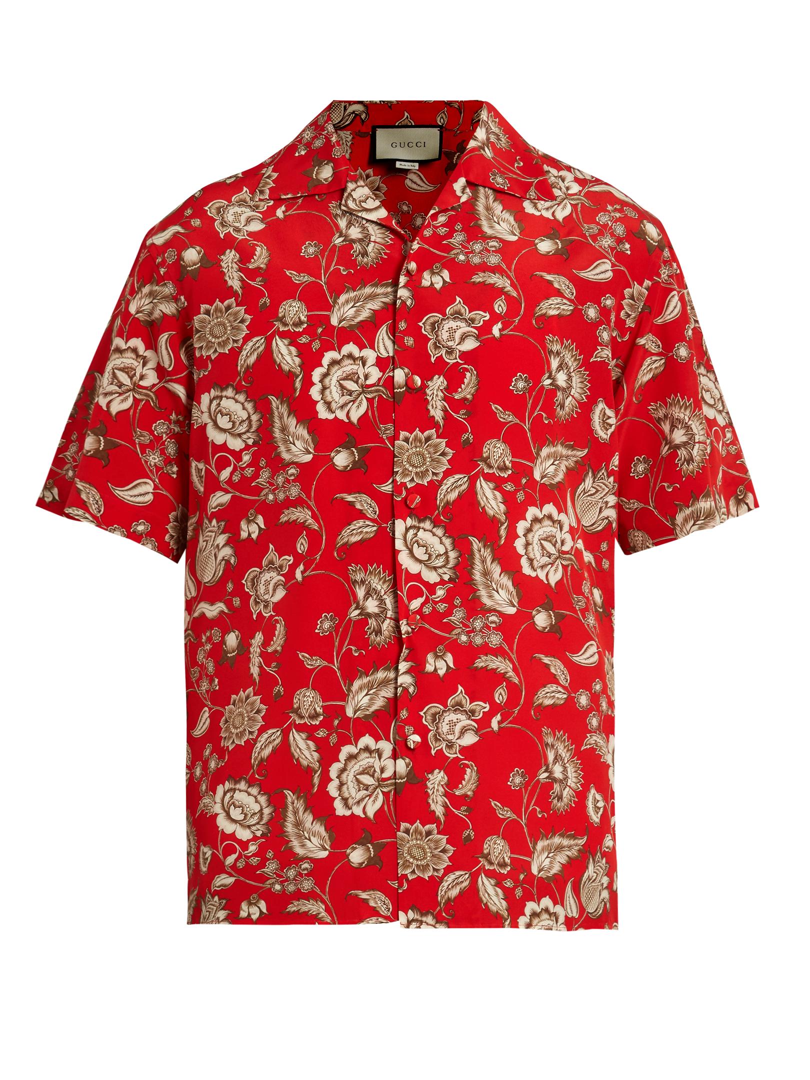 Gucci Camp-collar Floral-print Silk Shirt in Red for Men - Lyst