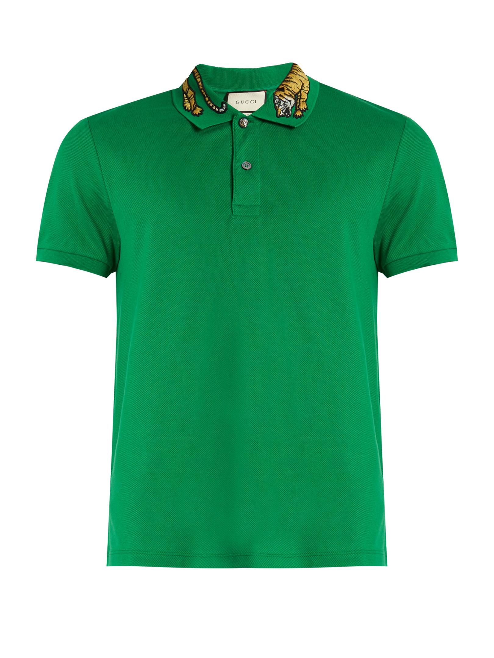 Gucci Cotton Tiger Embroidered-collar Piqué Polo Shirt in Green for Men ...