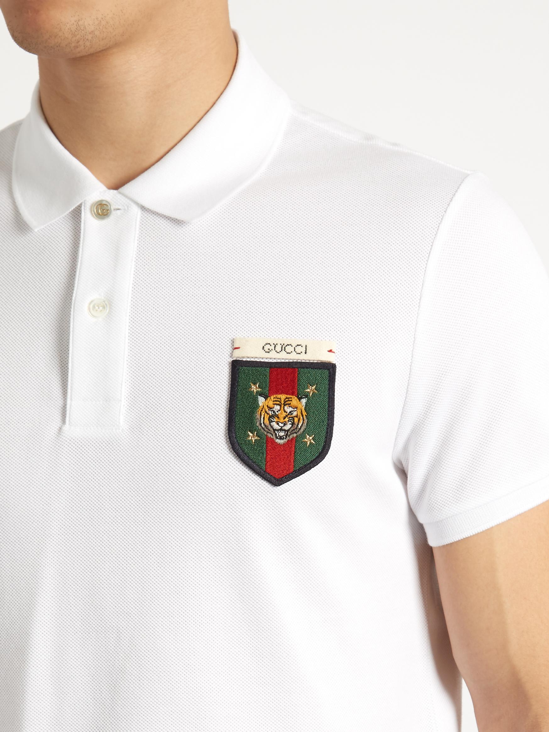 Gucci Tiger Badge-appliqué Cotton-blend Polo Shirt in White for Men - Lyst