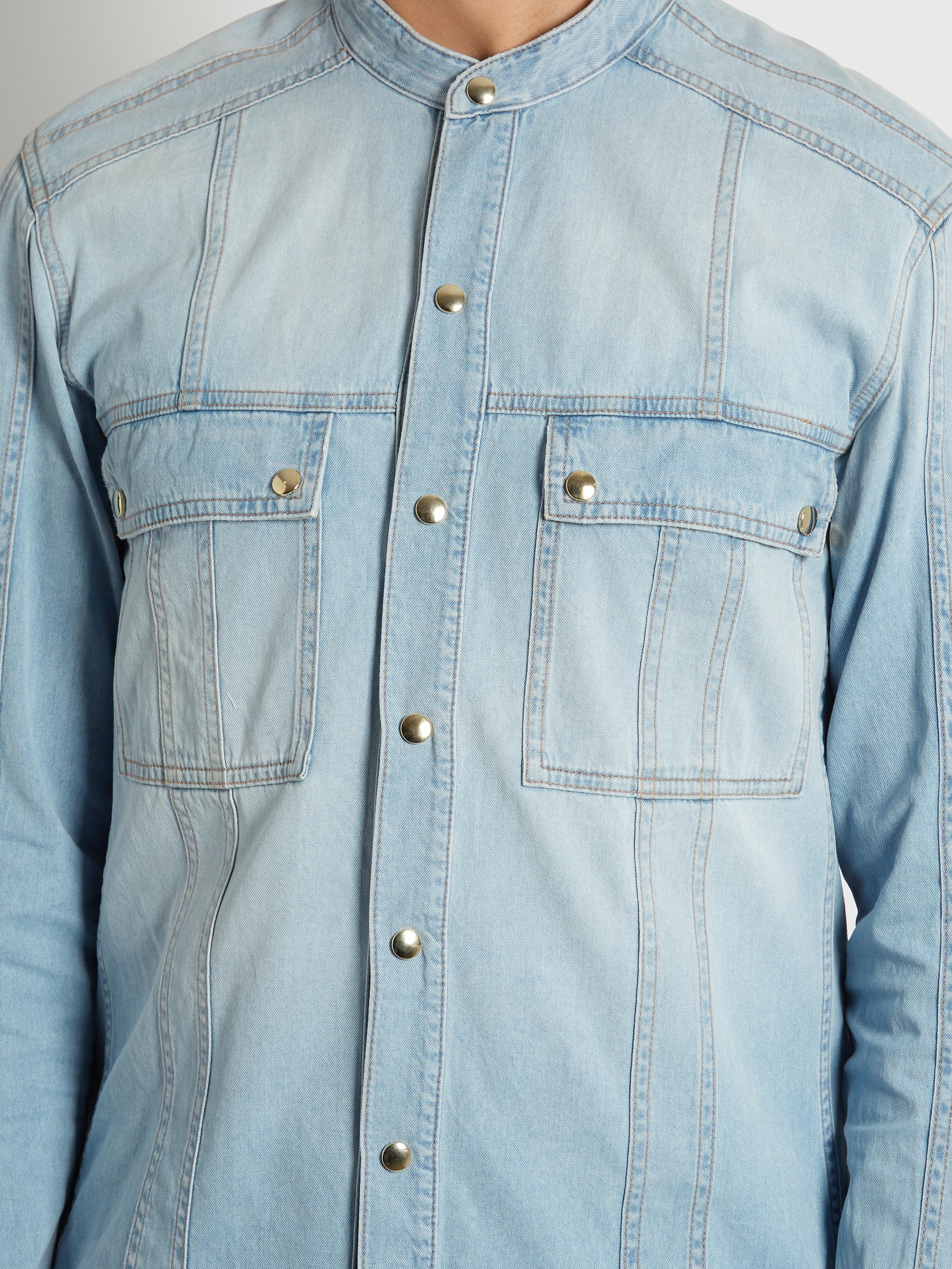 Balmain Collarless Denim Shirt in Blue for Men Lyst