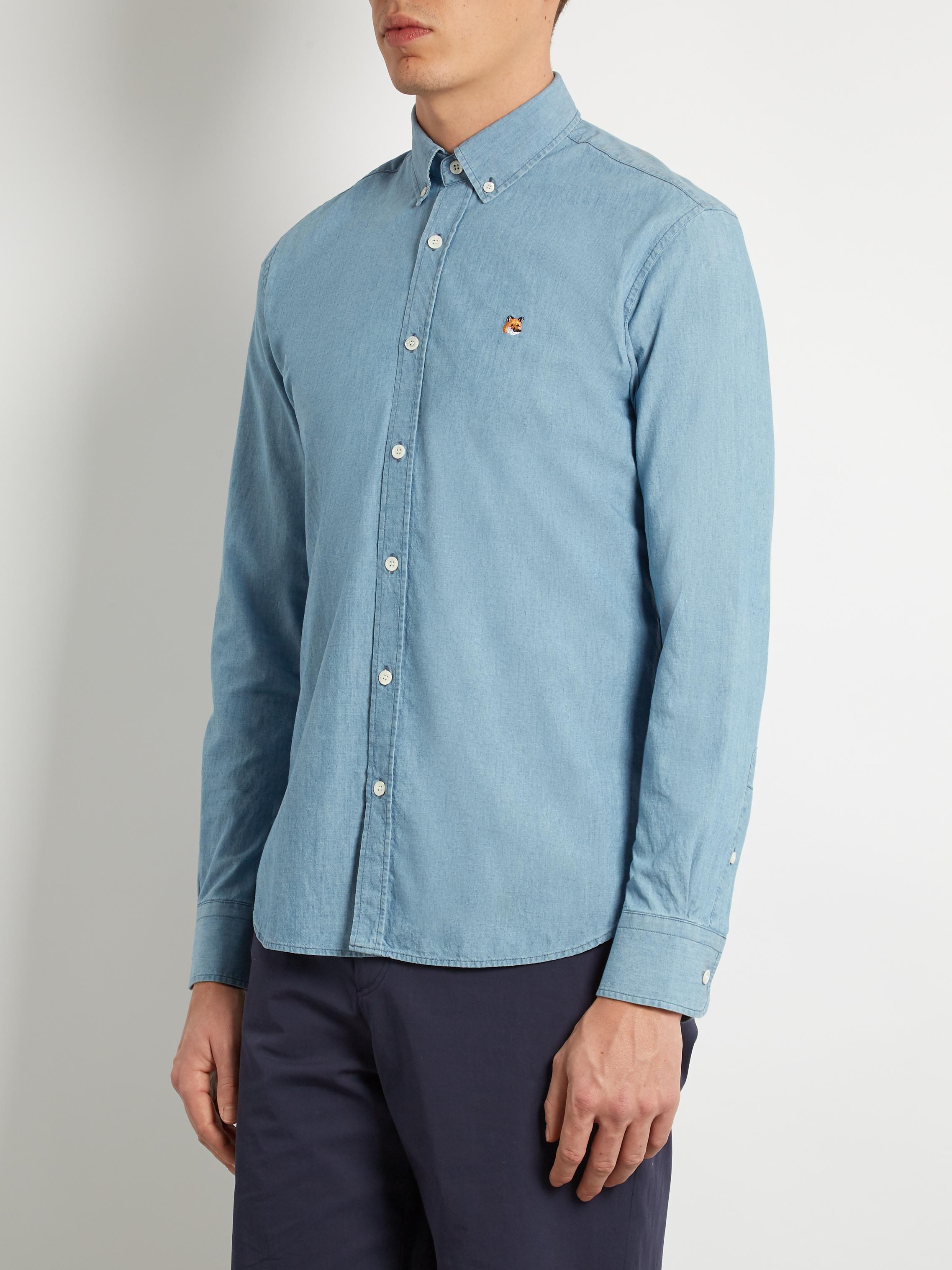 Maison Kitsuné Button-down Cotton Shirt in Blue for Men - Lyst