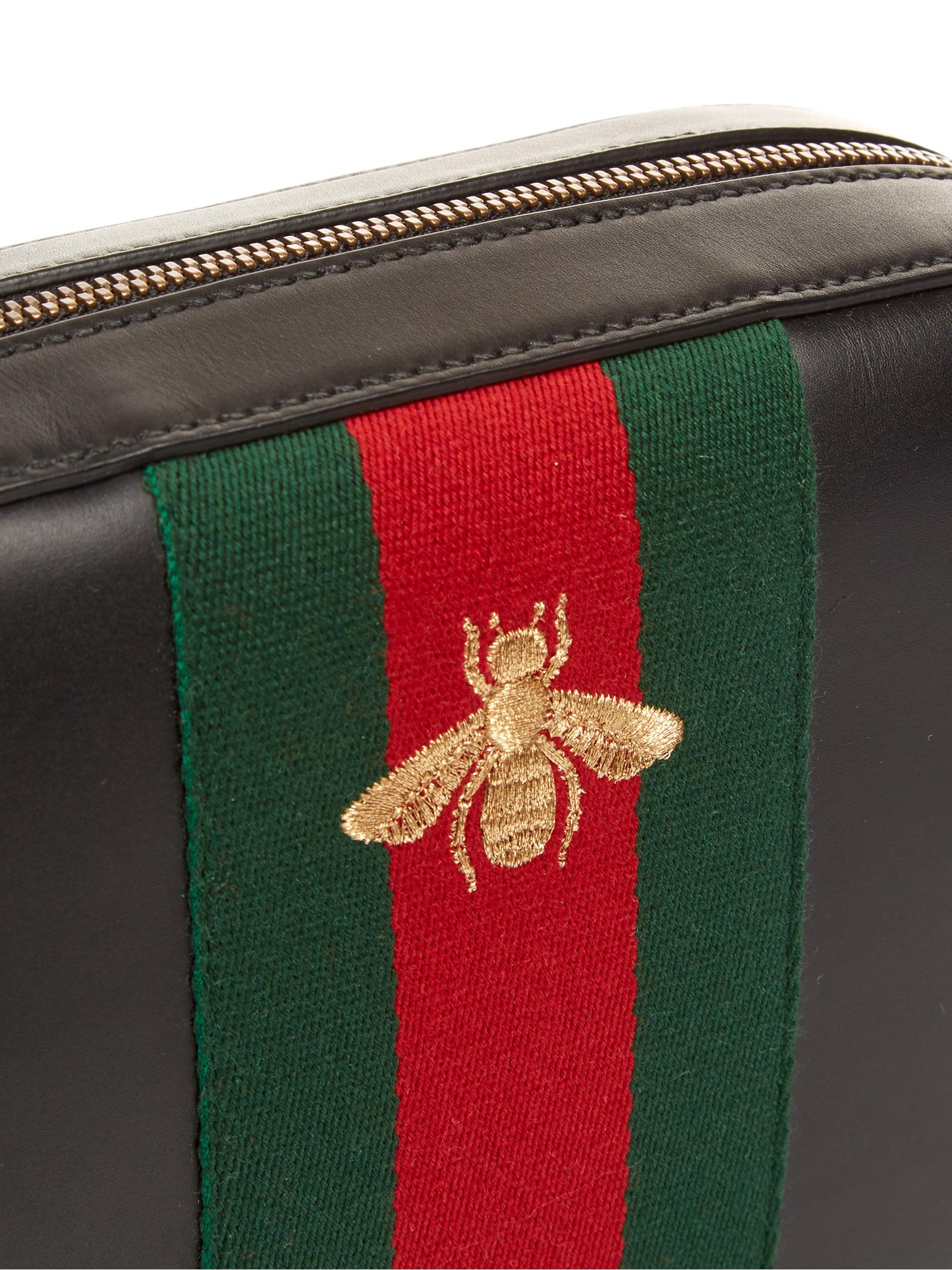 Gucci Black Leather Gold Bee Shoulder Crossbody Bag Red Green Web Disco  Camera