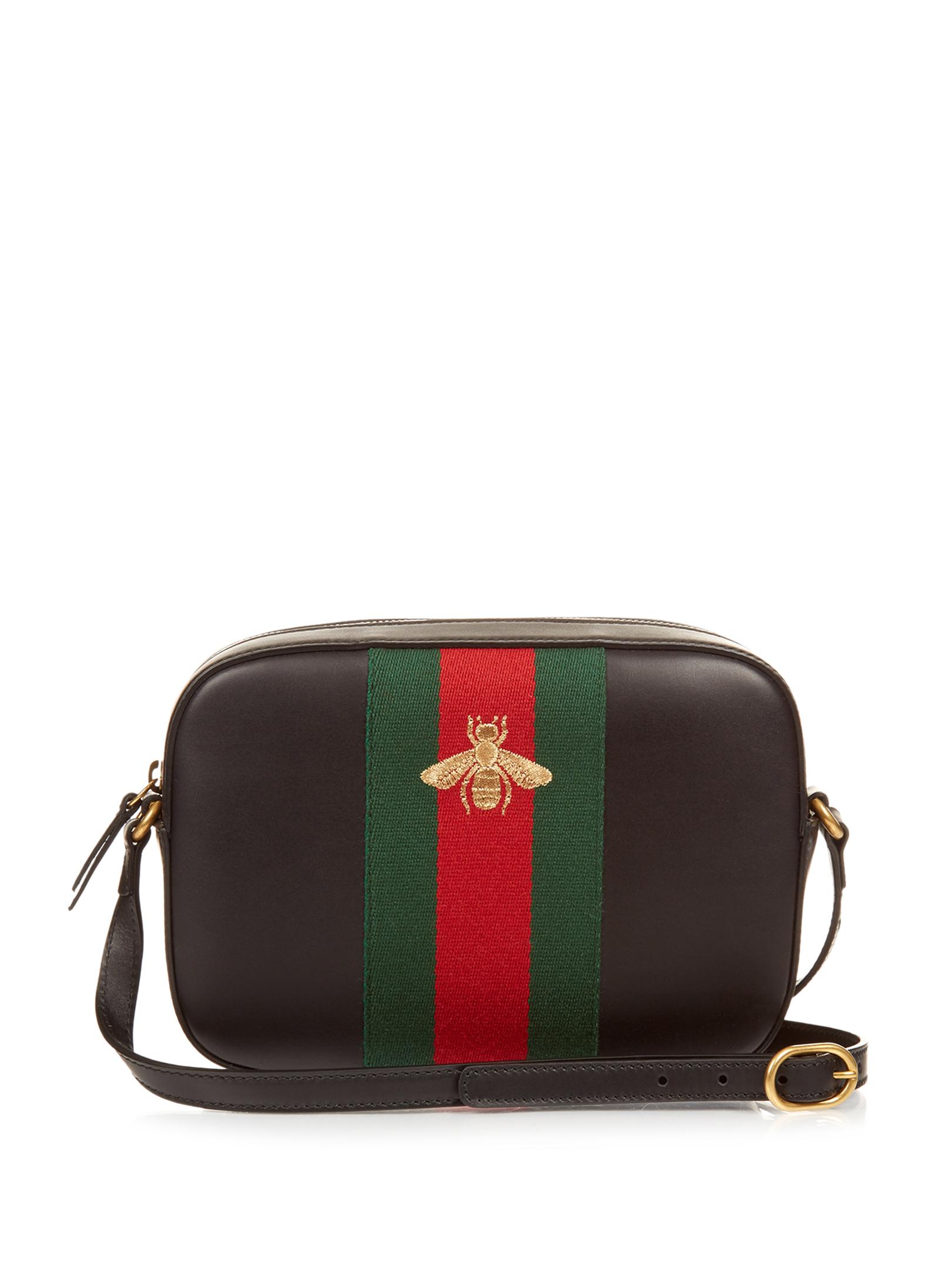 Gucci Bee-embroidered Leather Cross-body Bag in Black | Lyst UK