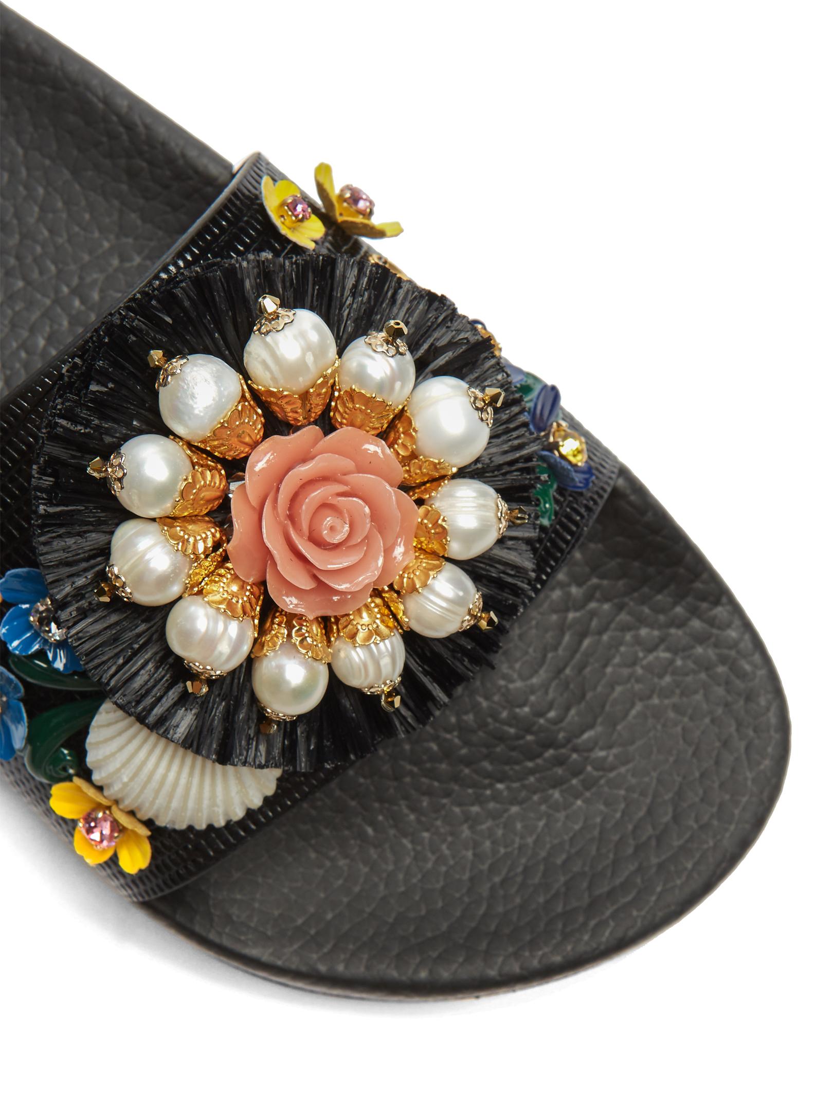 Dolce & Gabbana Floral-embellished Leather And Rubber Slides in Black - Lyst