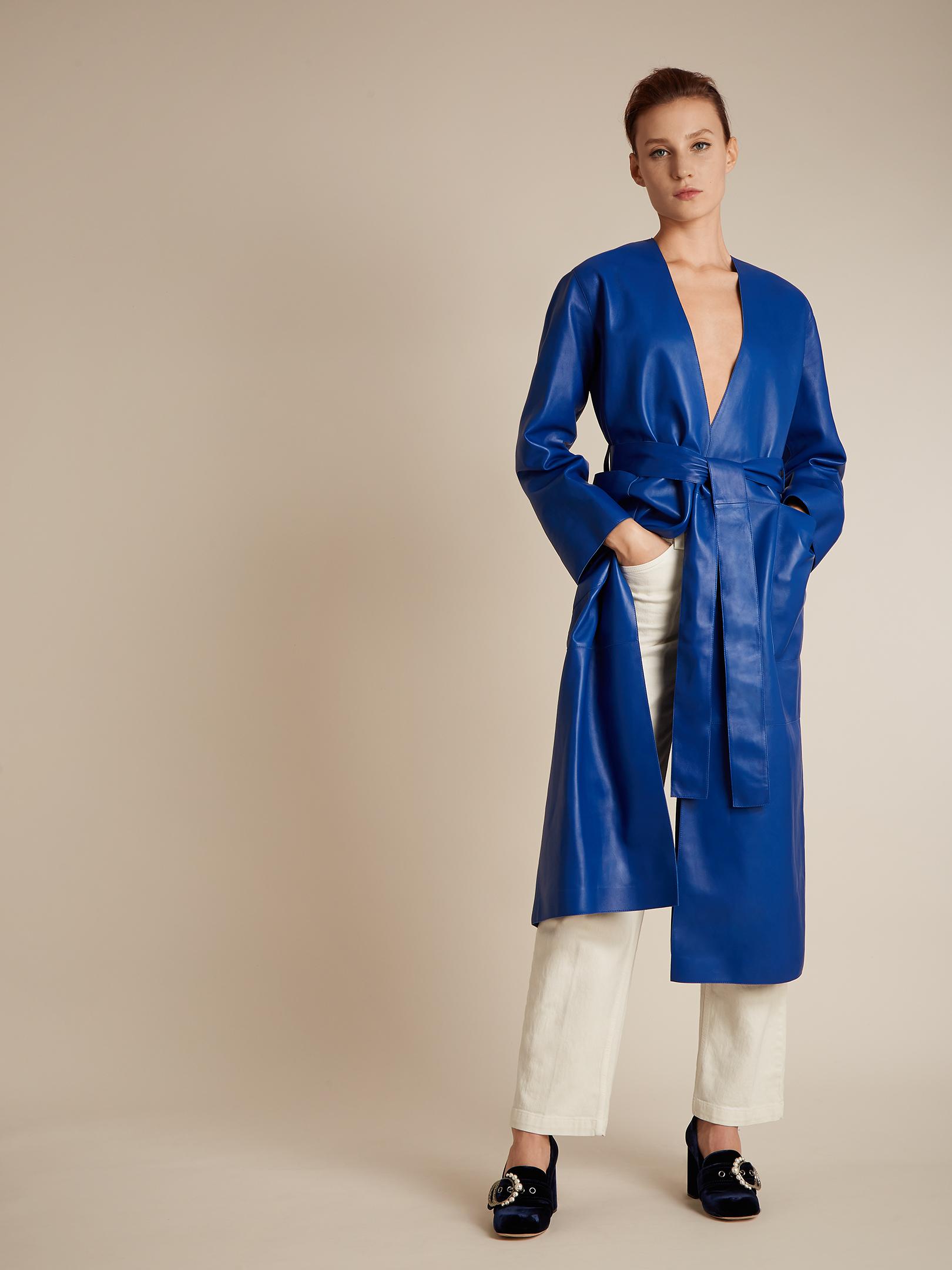 blue leather coat