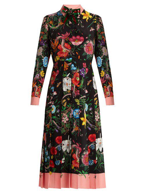 Gucci Floral And Snake-print Silk Midi Dress in Black | Lyst