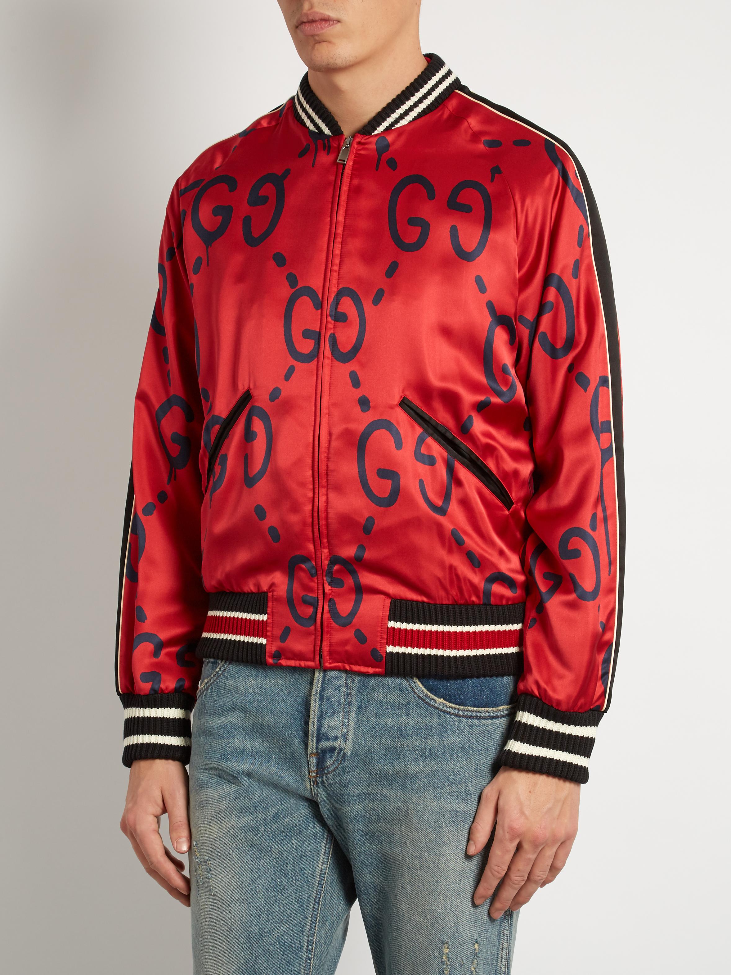 Gucci Ghost-print Satin Duchesse Bomber Jacket in Red for Men - Lyst