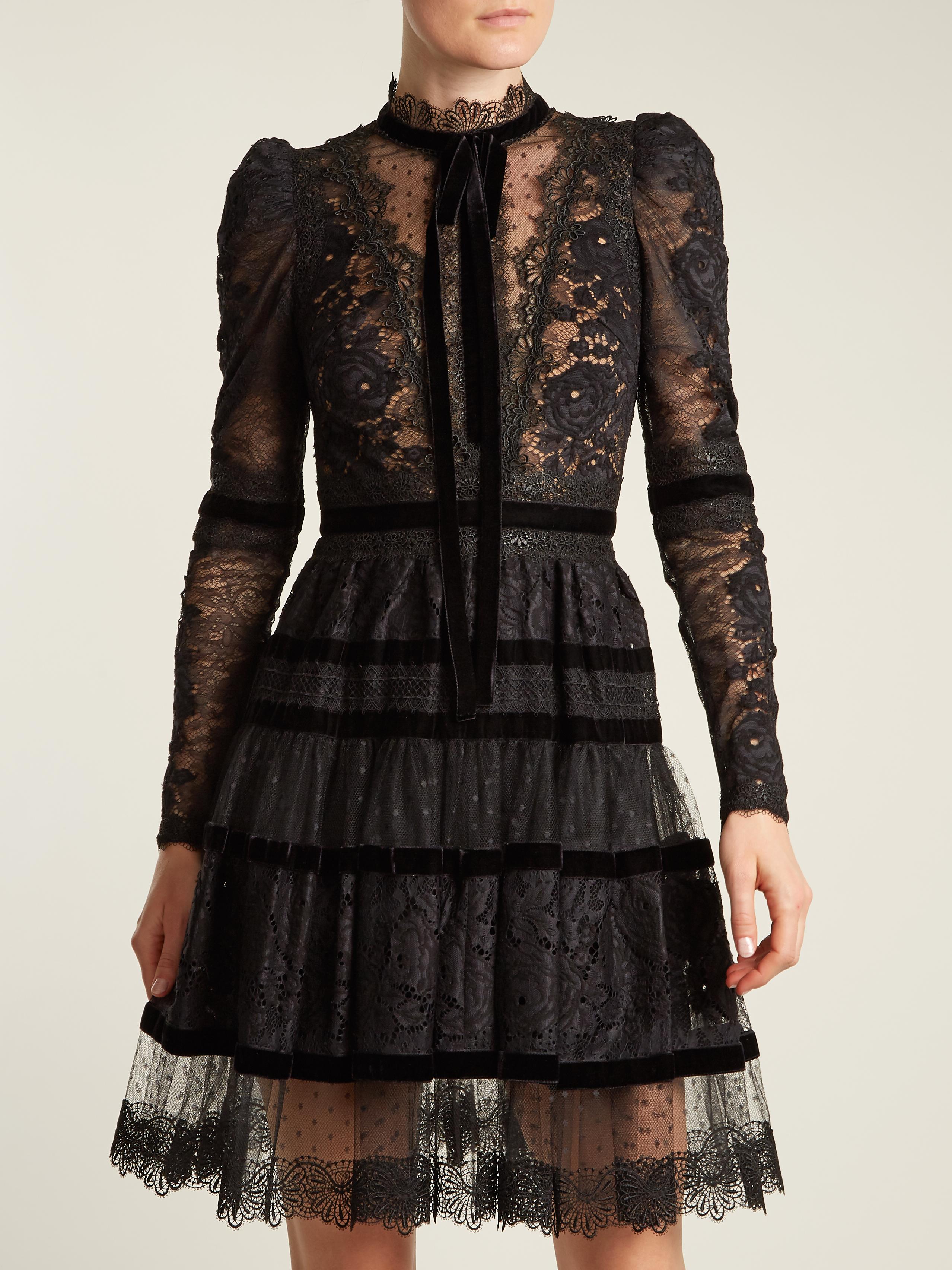 Elie Saab Velvet-trimmed Lace Dress in Black | Lyst