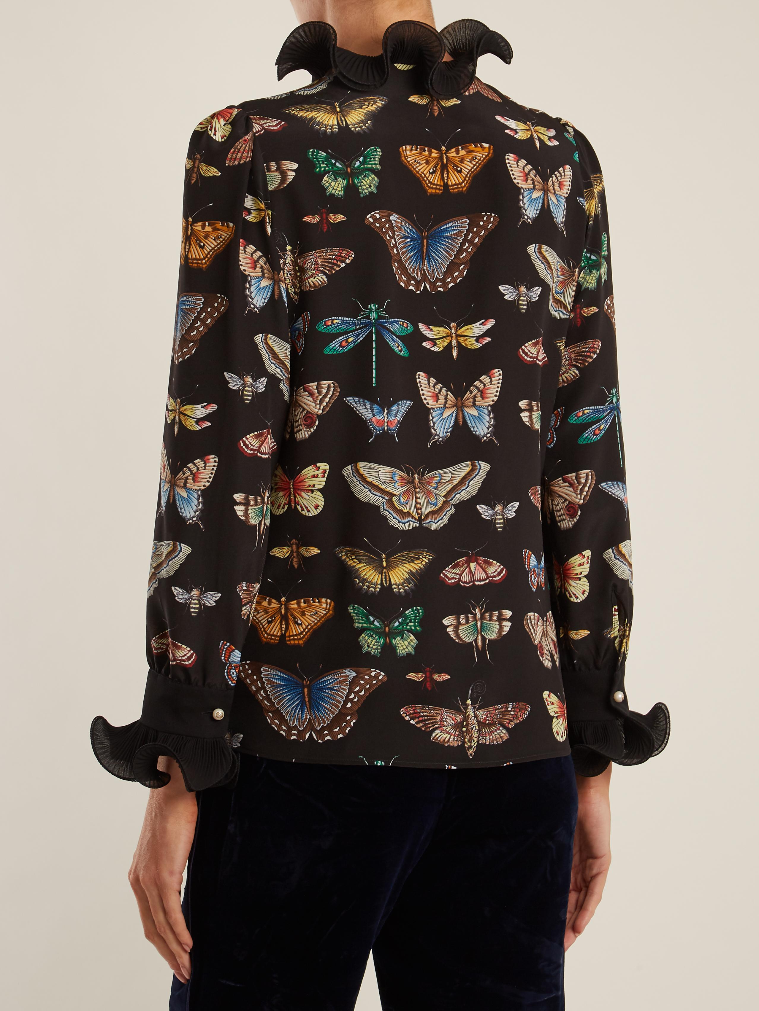 Gucci Butterfly-print Ruffled Silk Blouse in Black - Lyst