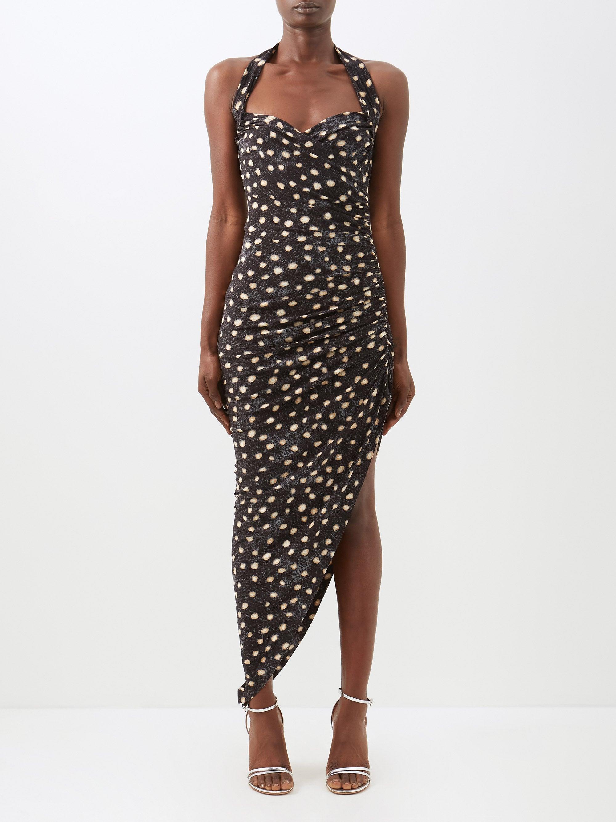 Norma Kamali Cayla Halterneck Spot-print Velvet Dress in Black & White ...