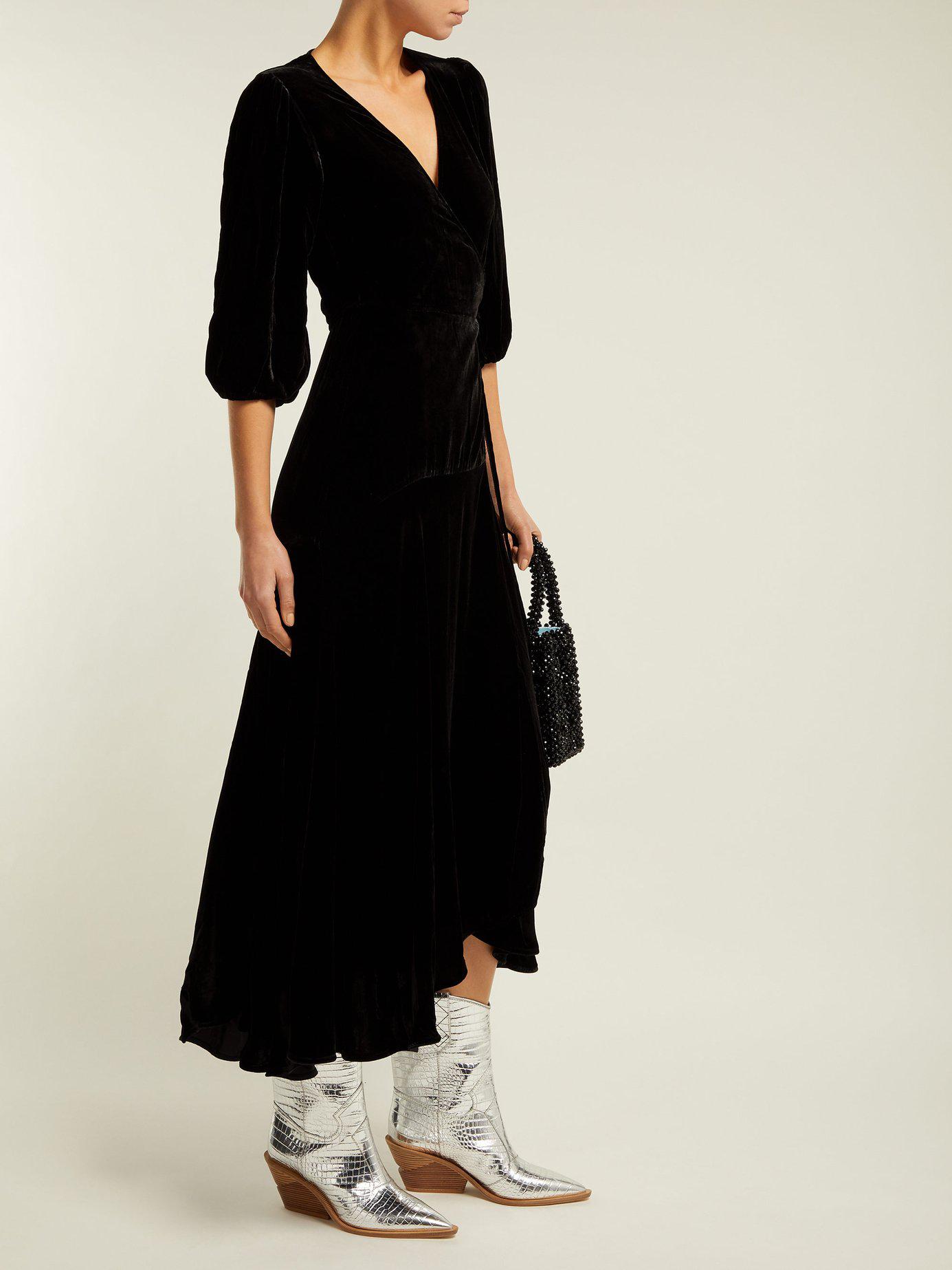 Ganni Aldine Velvet Wrap Dress in Black | Lyst
