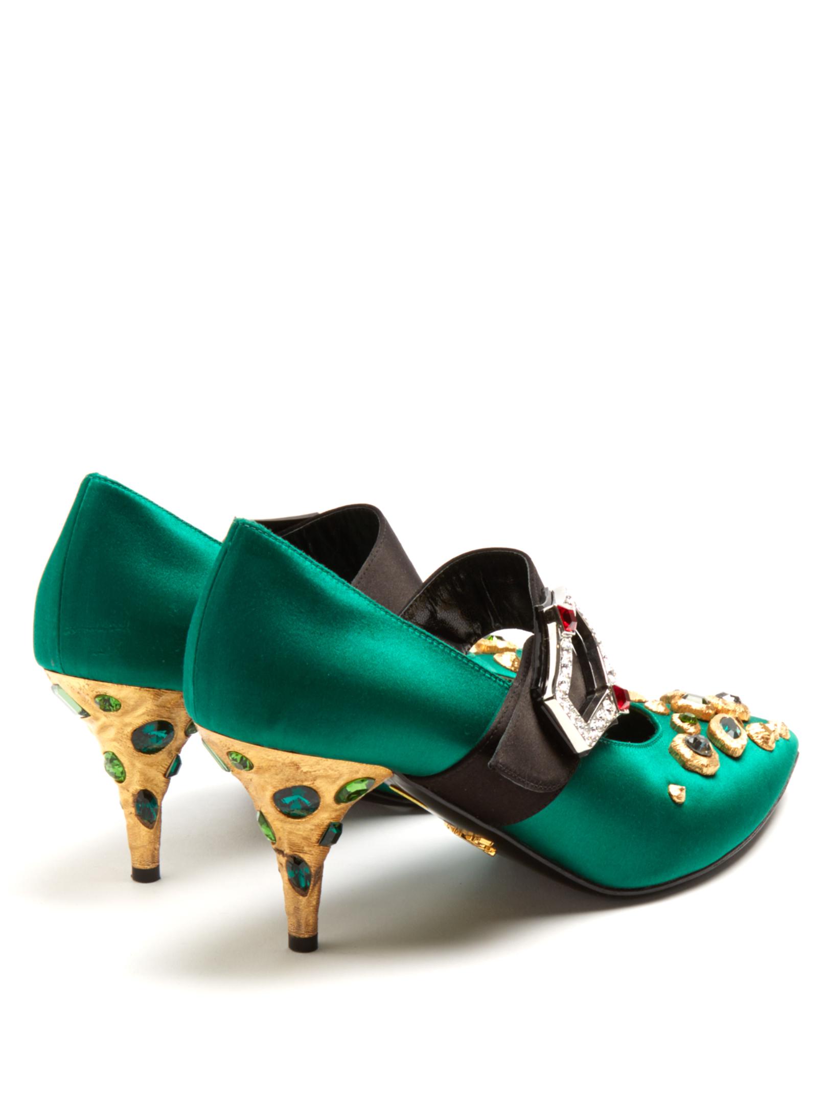 Prada Embellished Point-toe Satin Pumps in Green - Lyst