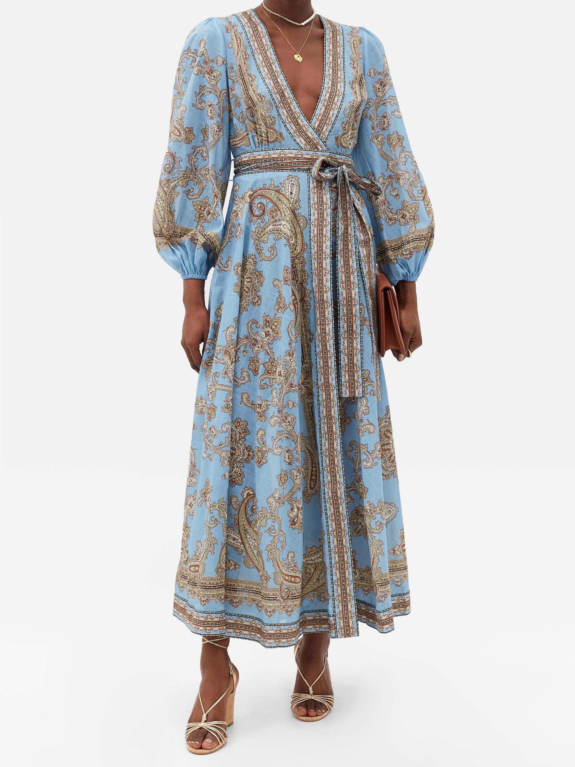 Zimmermann Fiesta Paisleyprint Linen Wrap Dress in Blue Print (Blue