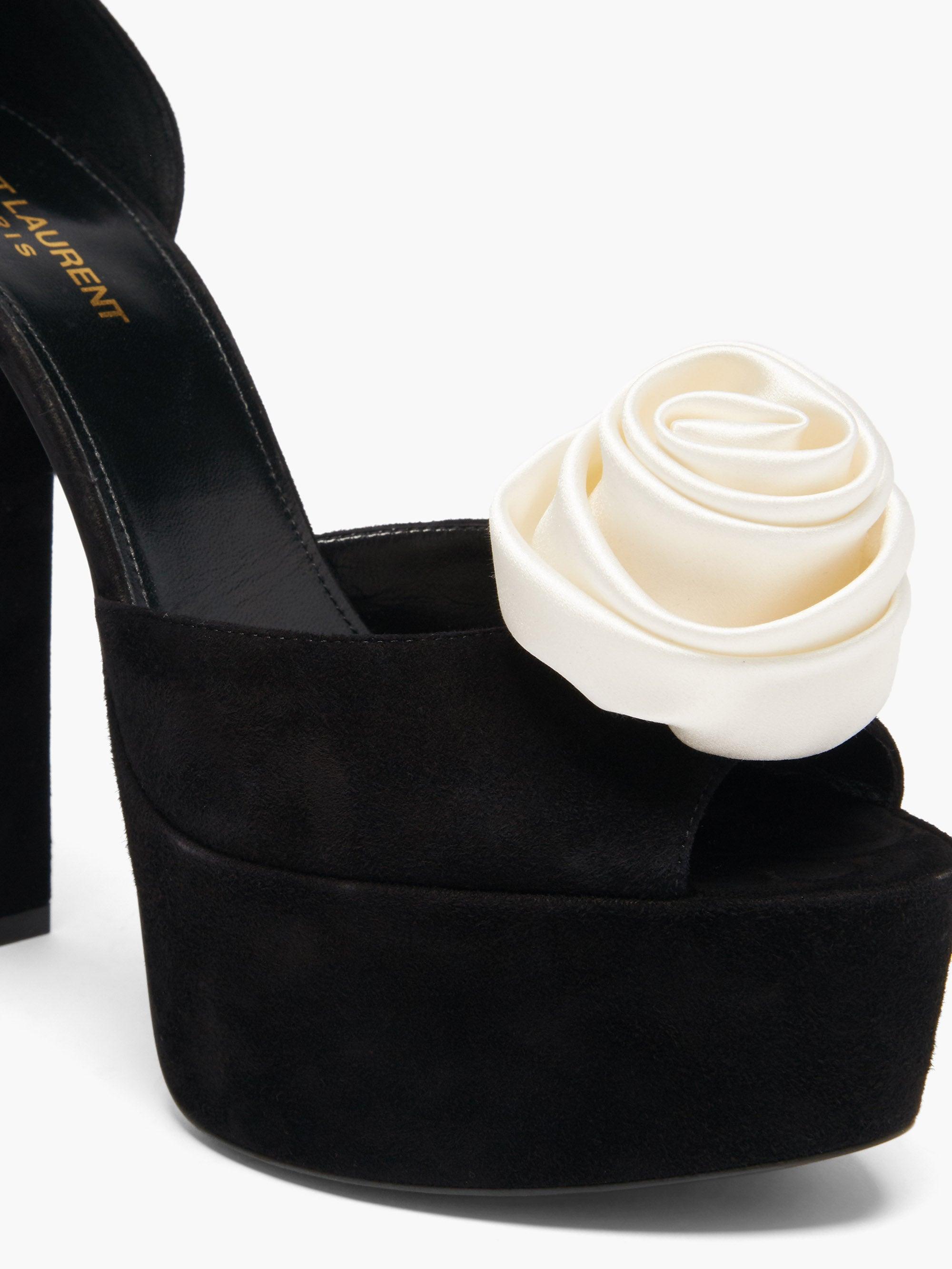 Saint Laurent Jodie Rose-embellished Suede Platform Sandals in Black | Lyst