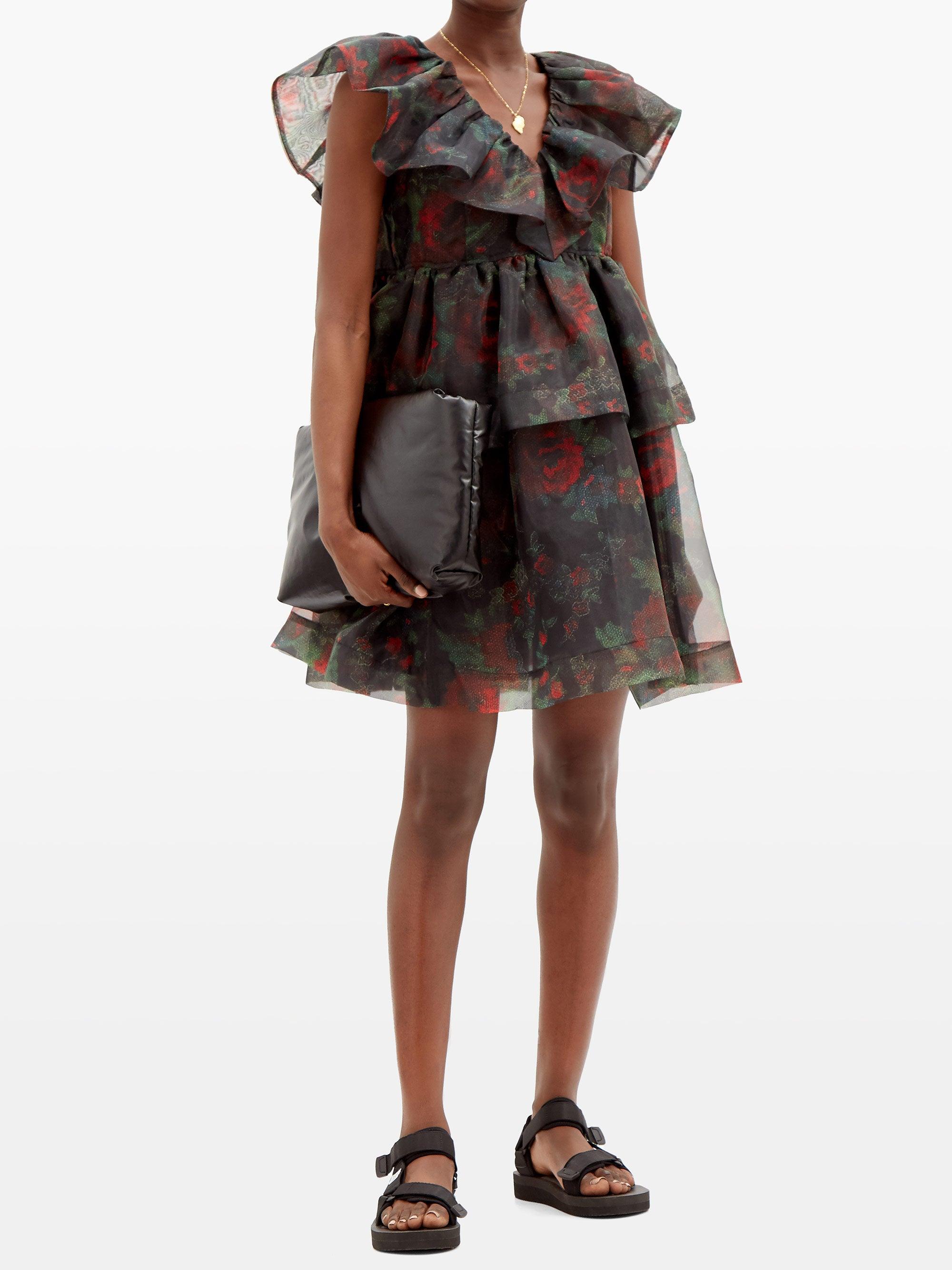 Ganni Tiered Floral-print Organza Dress in Black Red (Black) - Lyst