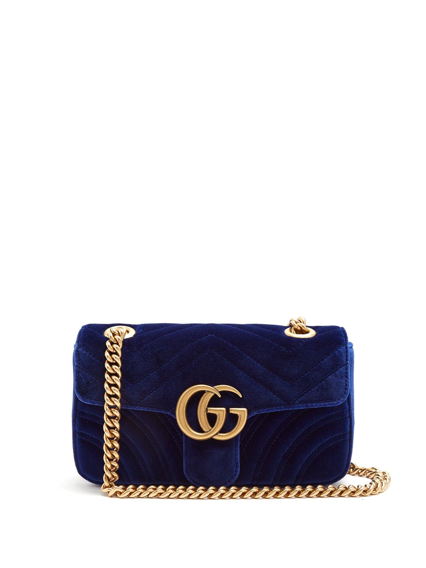 Aanvankelijk knoop Geval Gucci Gg Marmont Mini Quilted-velvet Cross-body Bag in Blue | Lyst