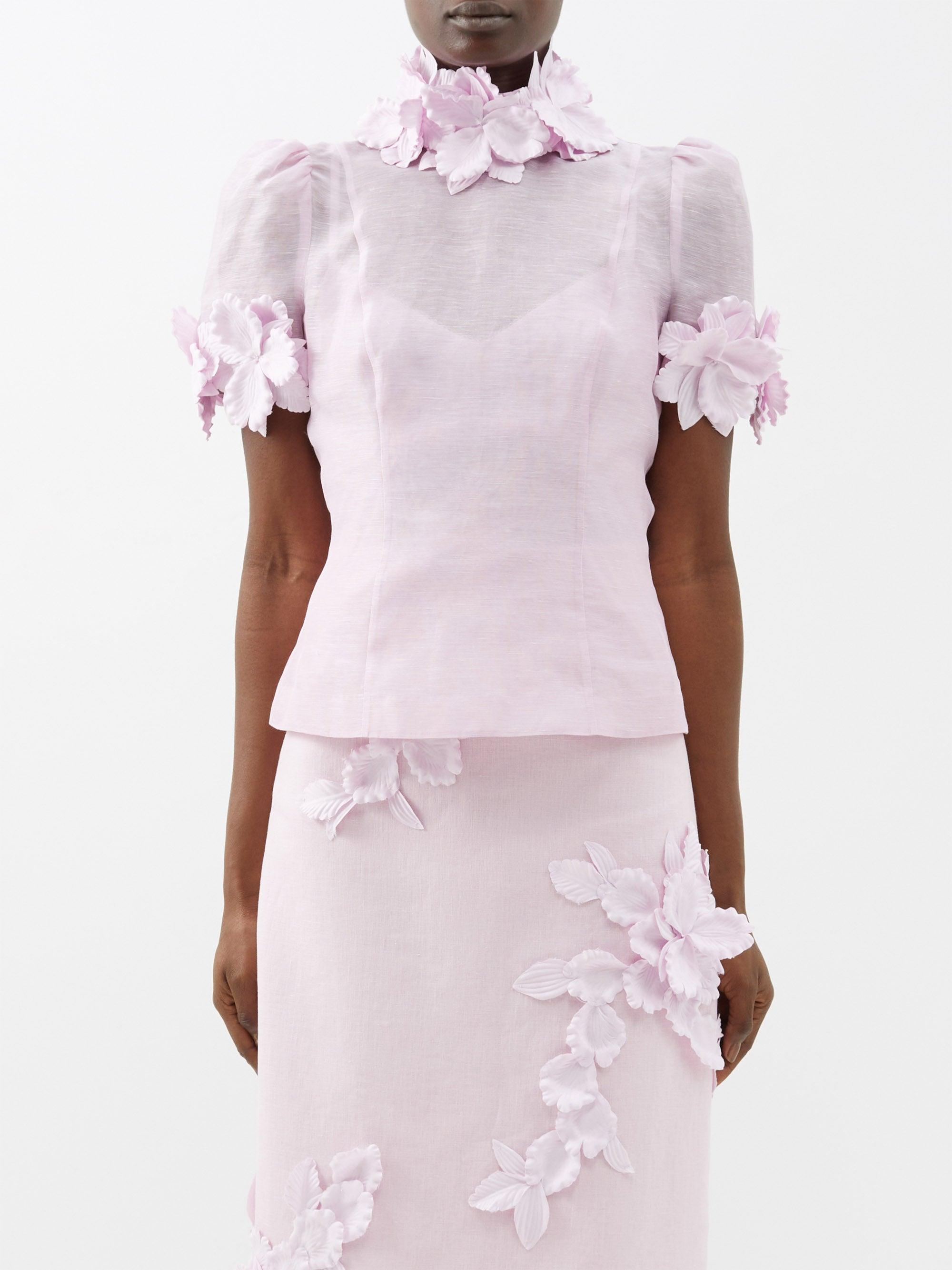 Zimmermann High Tide Flowerappliqué Linenblend Voile Blouse in Pink