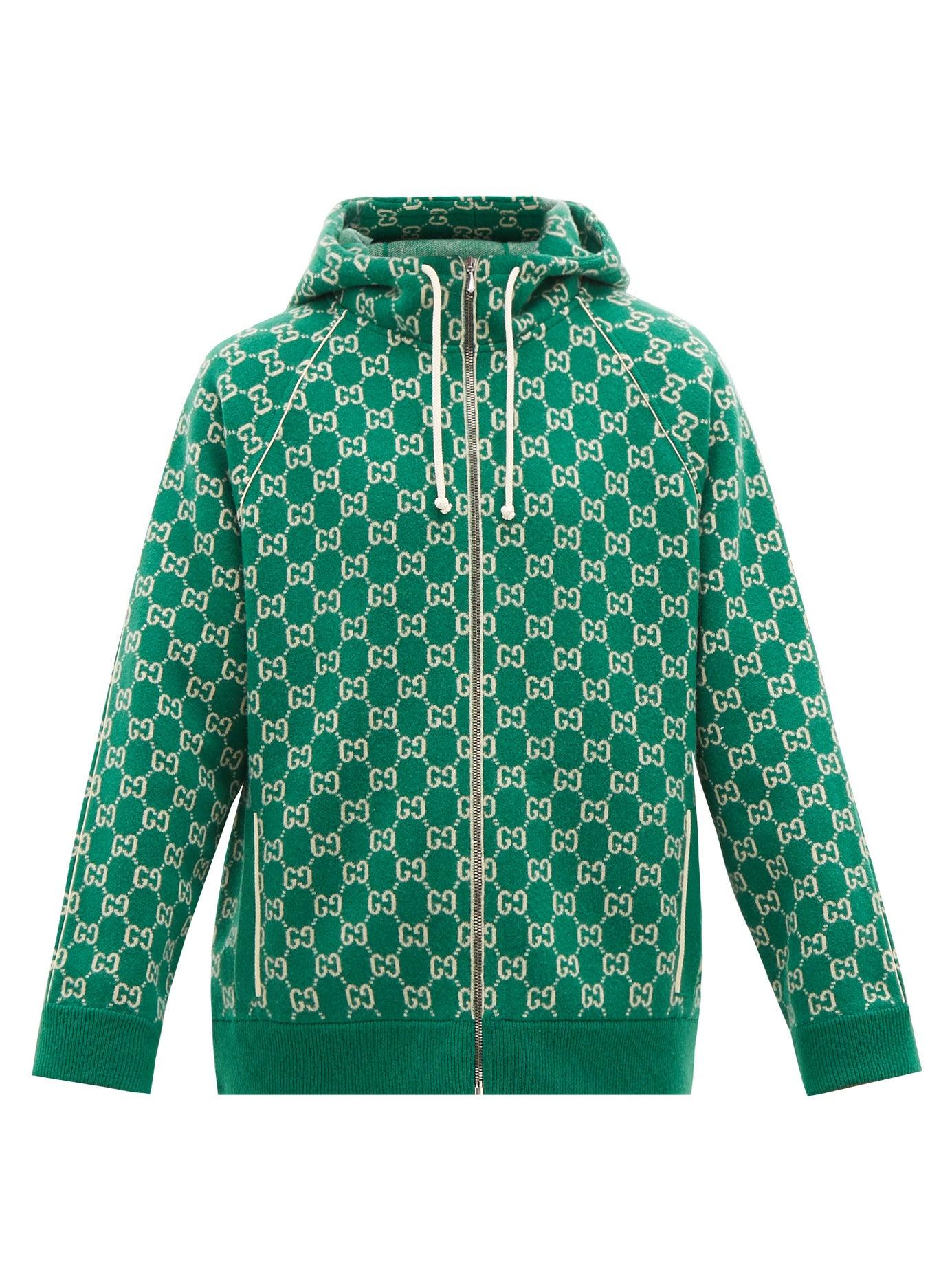 Gucci GG-jacquard Wool-blend Zip-through Hooded Sweater in Green for