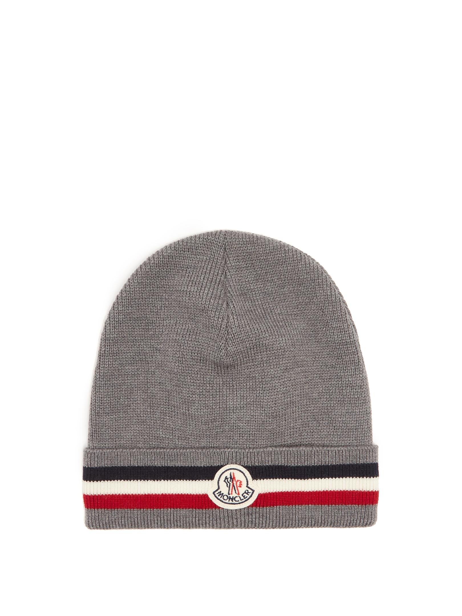 Moncler Striped Wool Beanie Hat in Grey 
