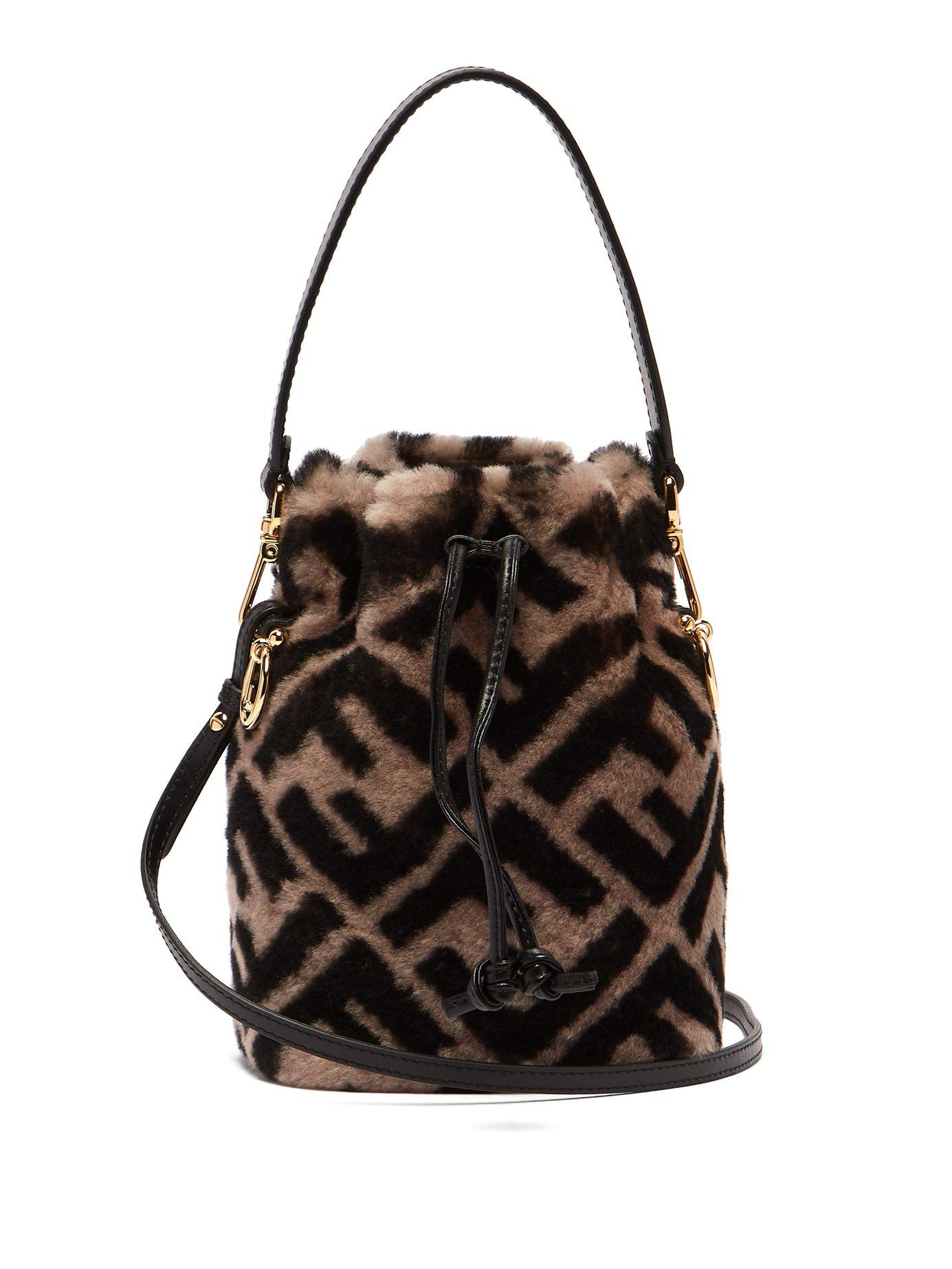 Fendi Mon Tresor Logo Print Shearling Bucket Bag in Black