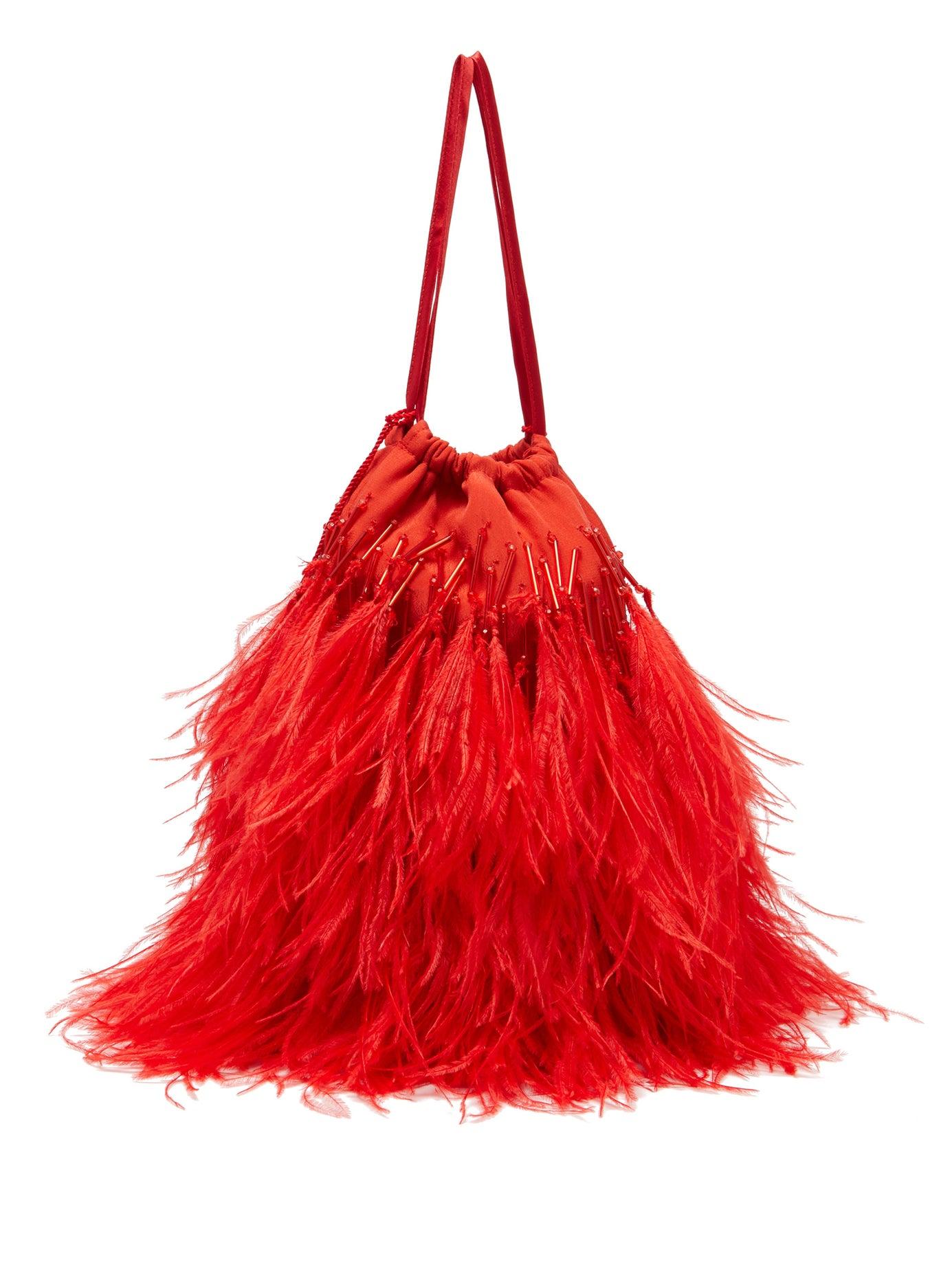 The Attico Beaded Ostrich Feather Satin Clutch Bag in Red | Lyst