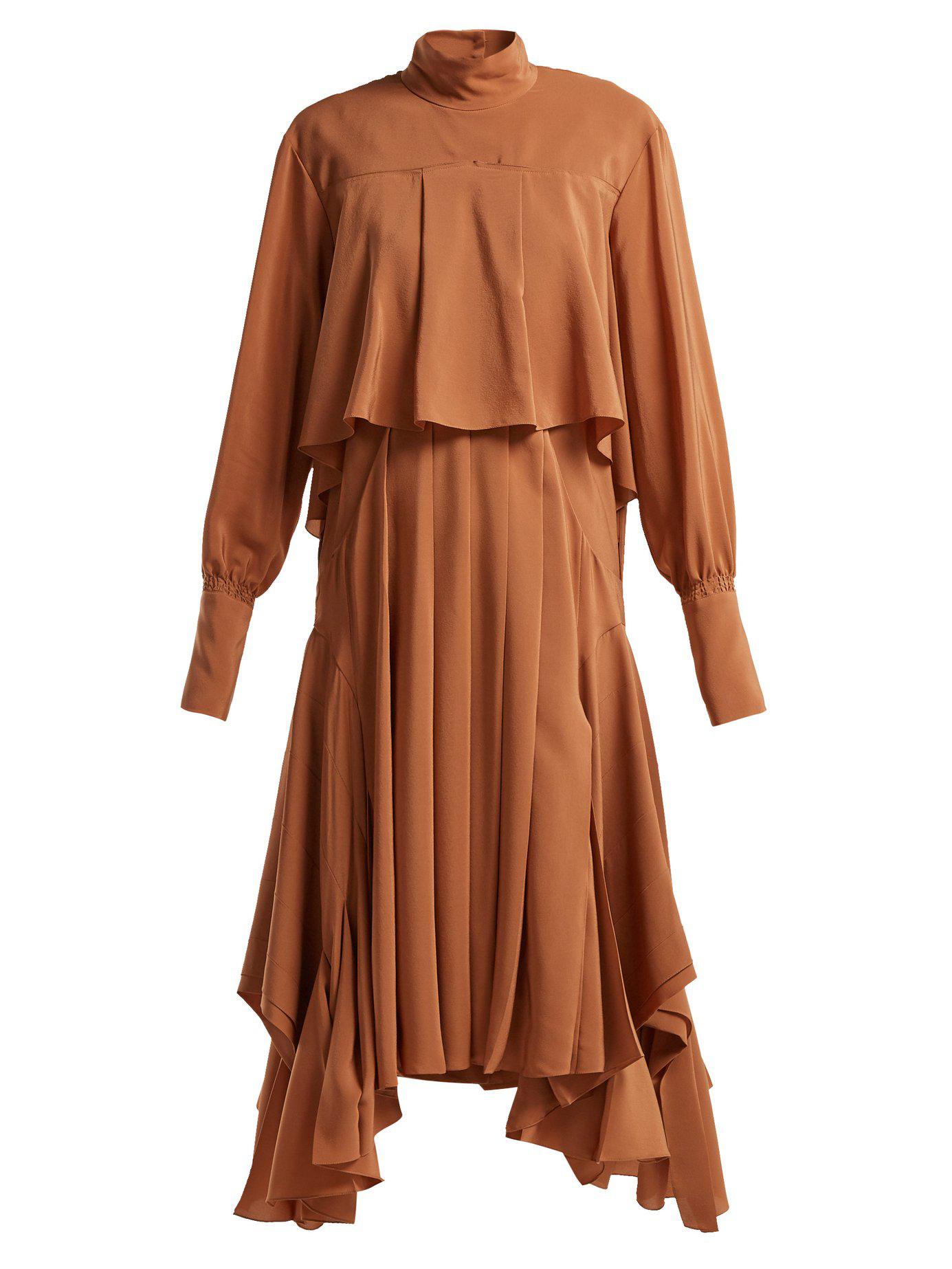 Chloé Handkerchief Hem Silk Crepe De Chine Dress in Light Brown 
