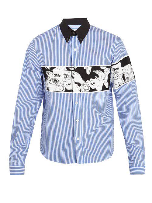 Prada Comic-print Striped Cotton-poplin Shirt in Blue for Men | Lyst