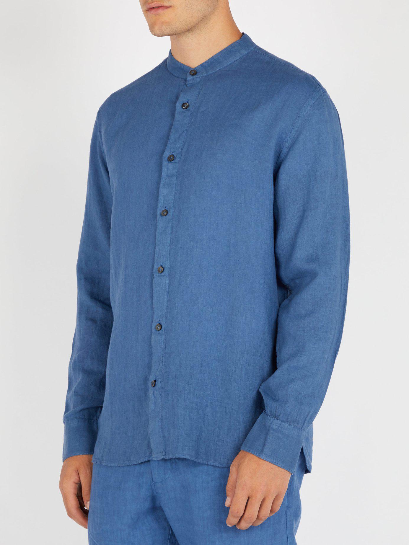 120% Lino Collarless Linen Shirt in Dark Blue (Blue) for Men - Lyst