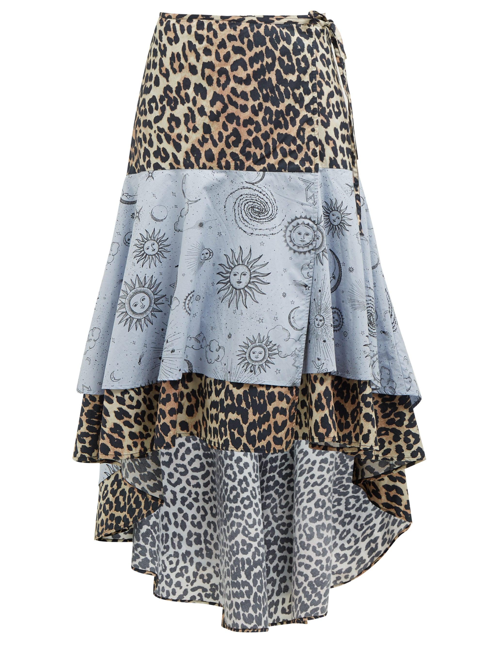 Ganni Leopard And Moon-print Dip-hem Cotton Skirt in Blue | Lyst