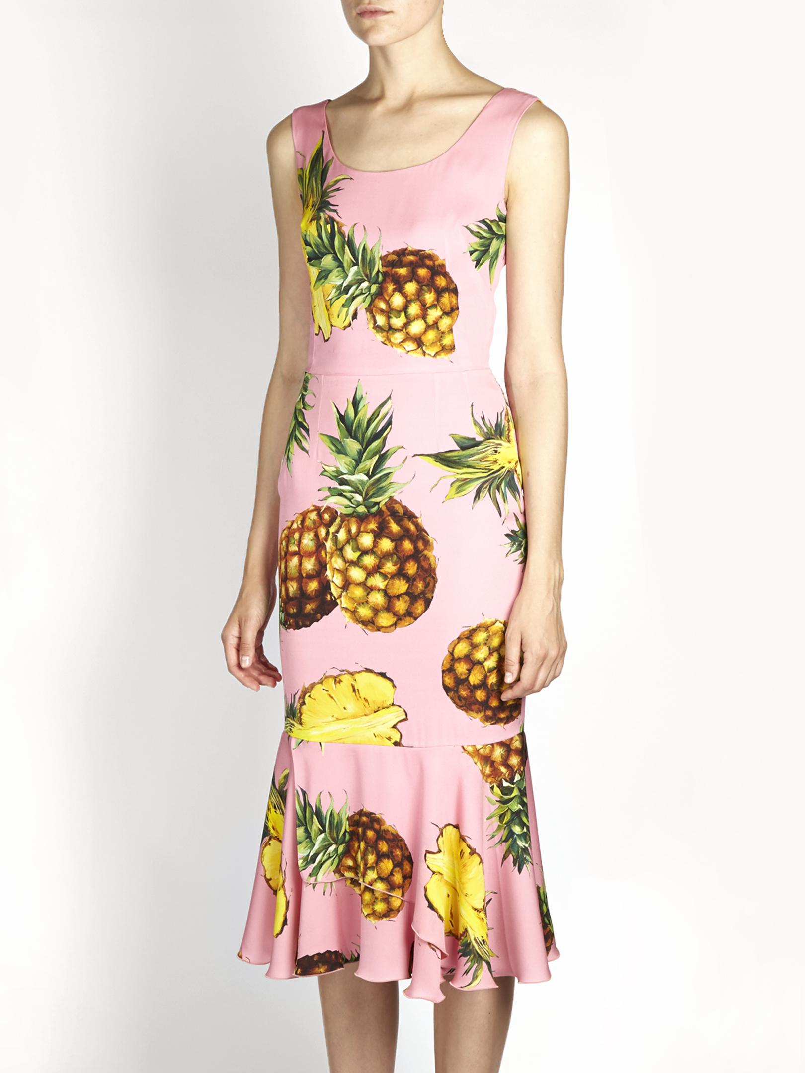 Dolce & Gabbana Pineapple-print Ruffled-hem Charmeuse Dress in Pink - Lyst