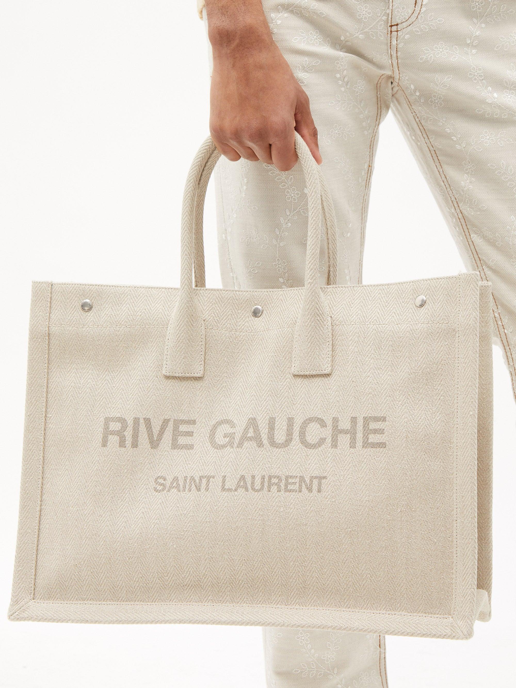 Saint Laurent Rive Gauche Logo Print Large Tote Bag in Beige Canvas Cloth  ref.989442 - Joli Closet