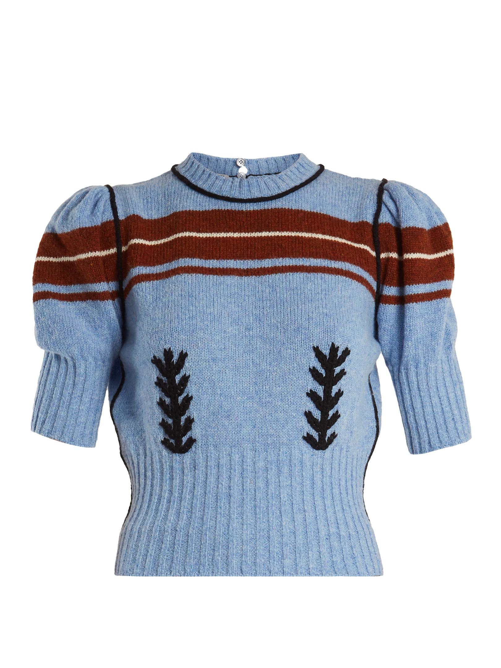 Miu Miu Embroidered And Striped-intarsia Wool Knit Sweater in Blue - Lyst