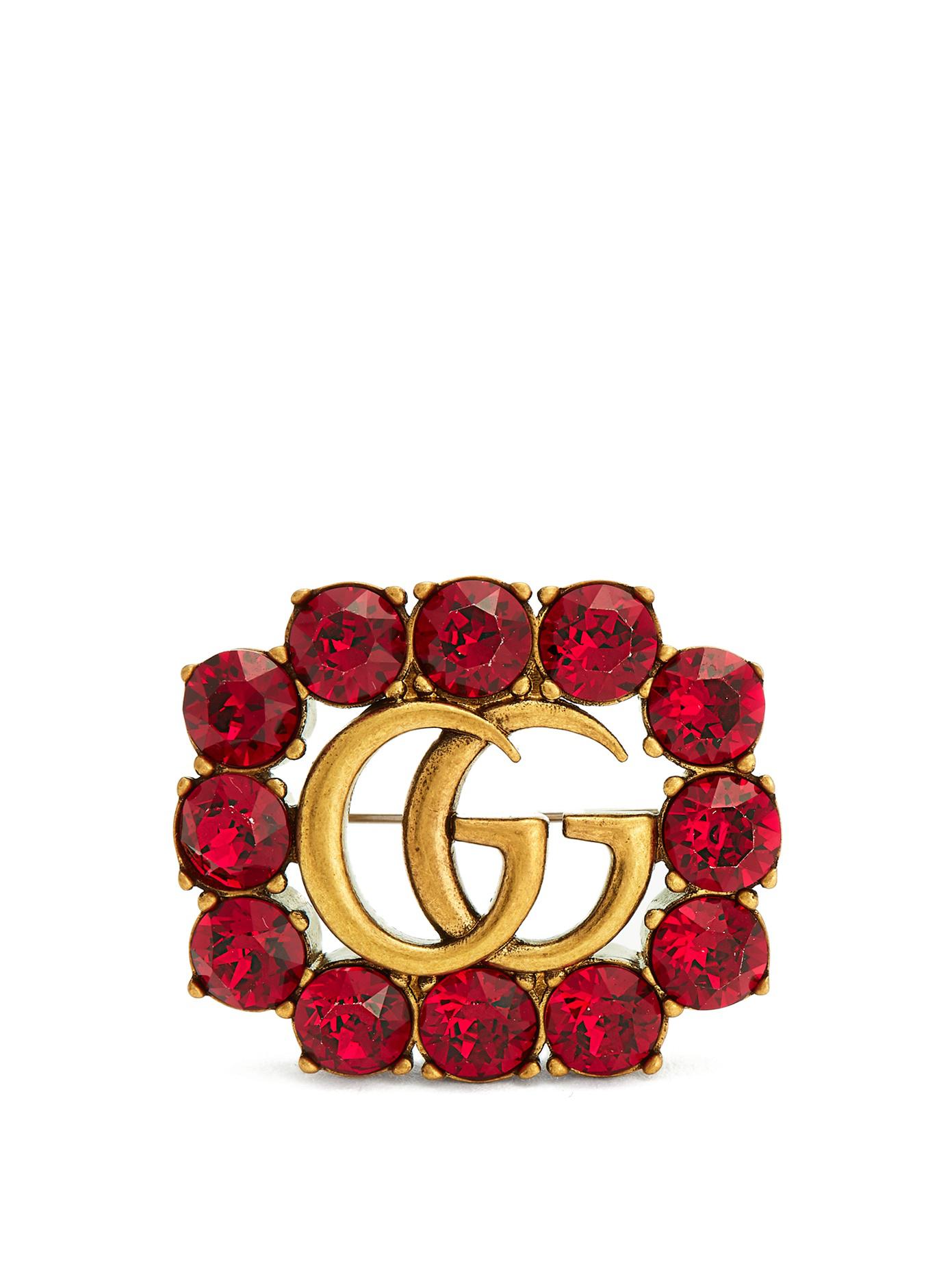 Gucci Crystal-embellished Gg Brooch in Red | Lyst