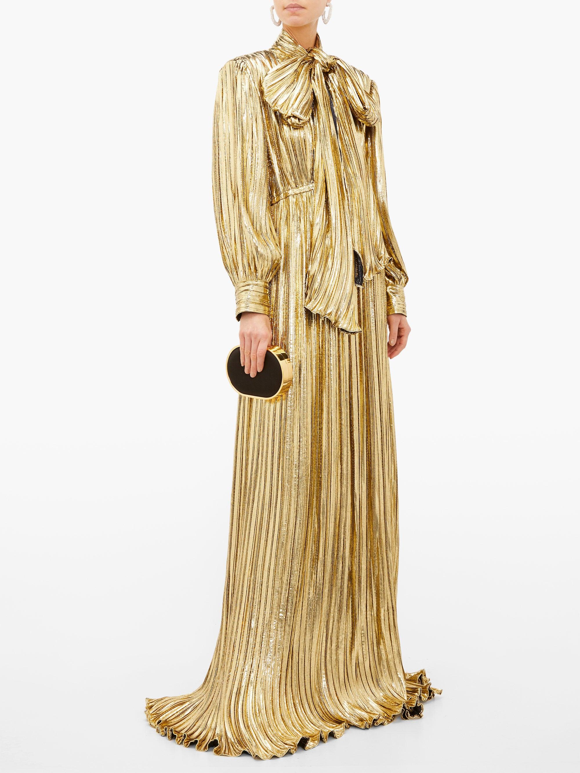 Gucci Pussy-bow Silk-blend Lamé Gown in Metallic | Lyst
