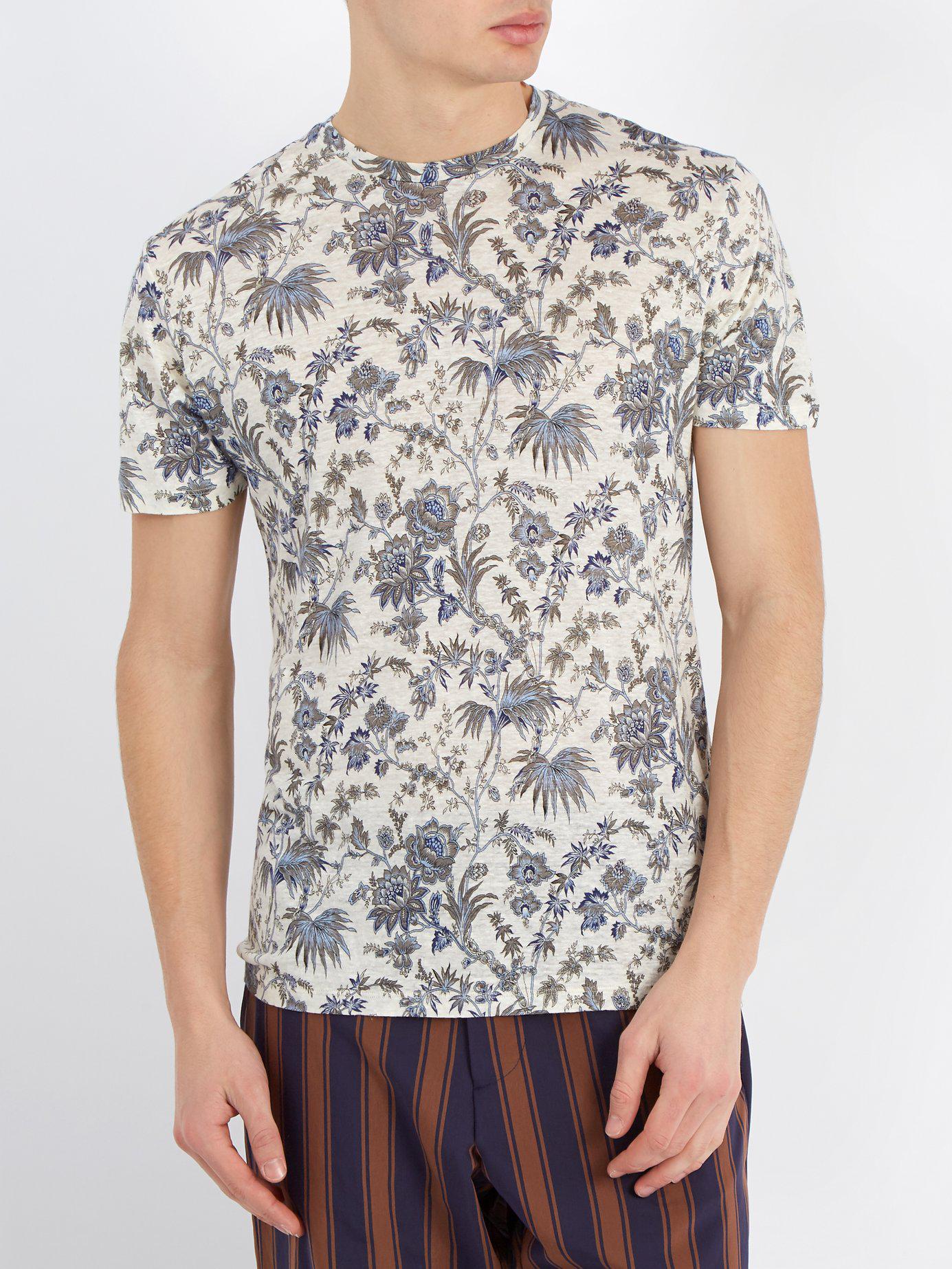 Etro Floral-print Linen-jersey T-shirt in White for Men - Lyst