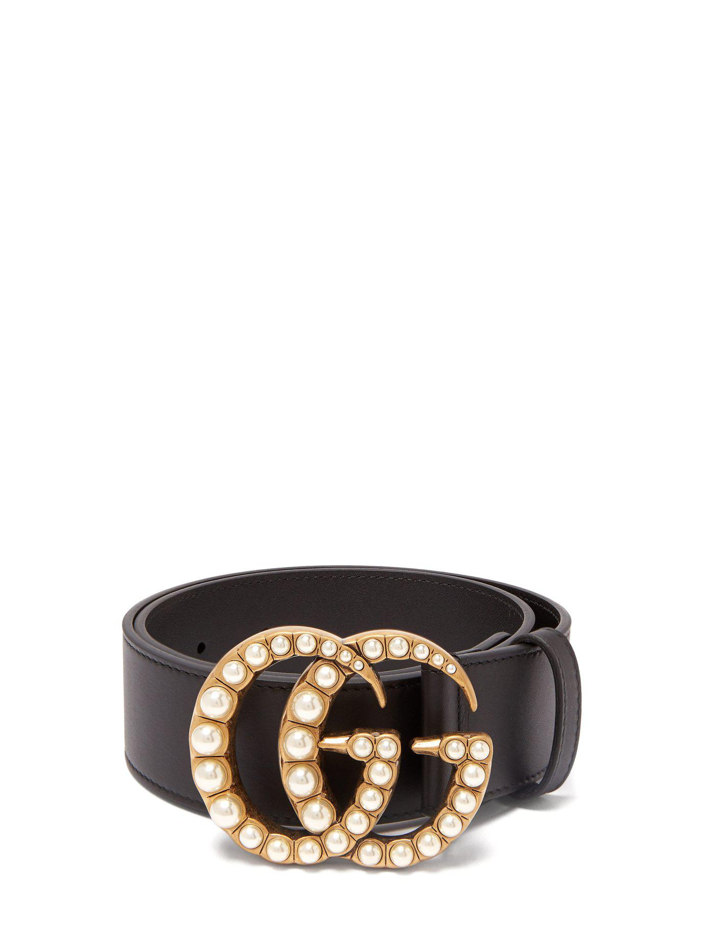 Gucci Pearl Embellished Gg Logo 4cm Leather Belt in Black | Lyst