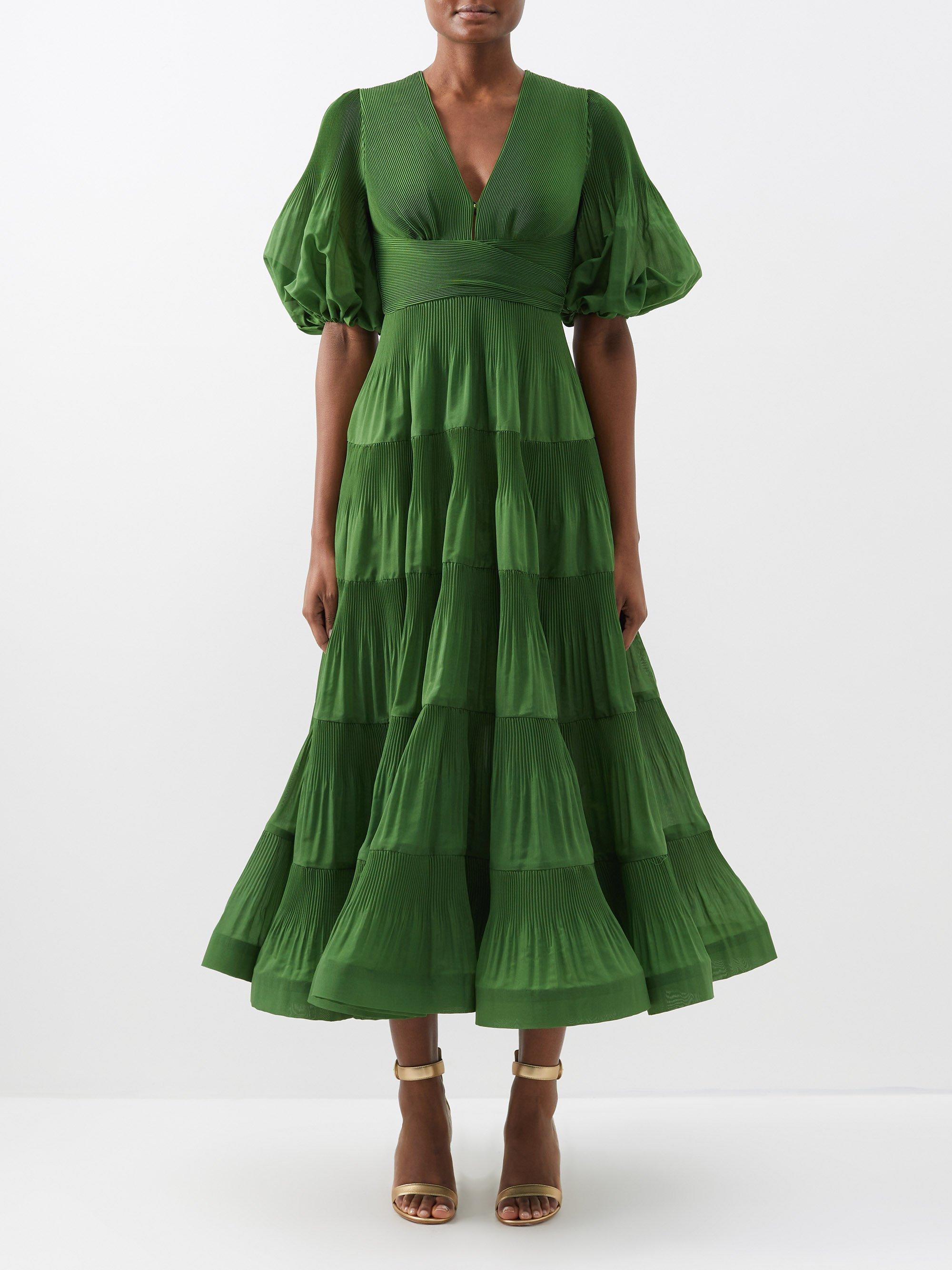 Zimmermann Pleated Tiered Twill Midi Dress in Green | Lyst