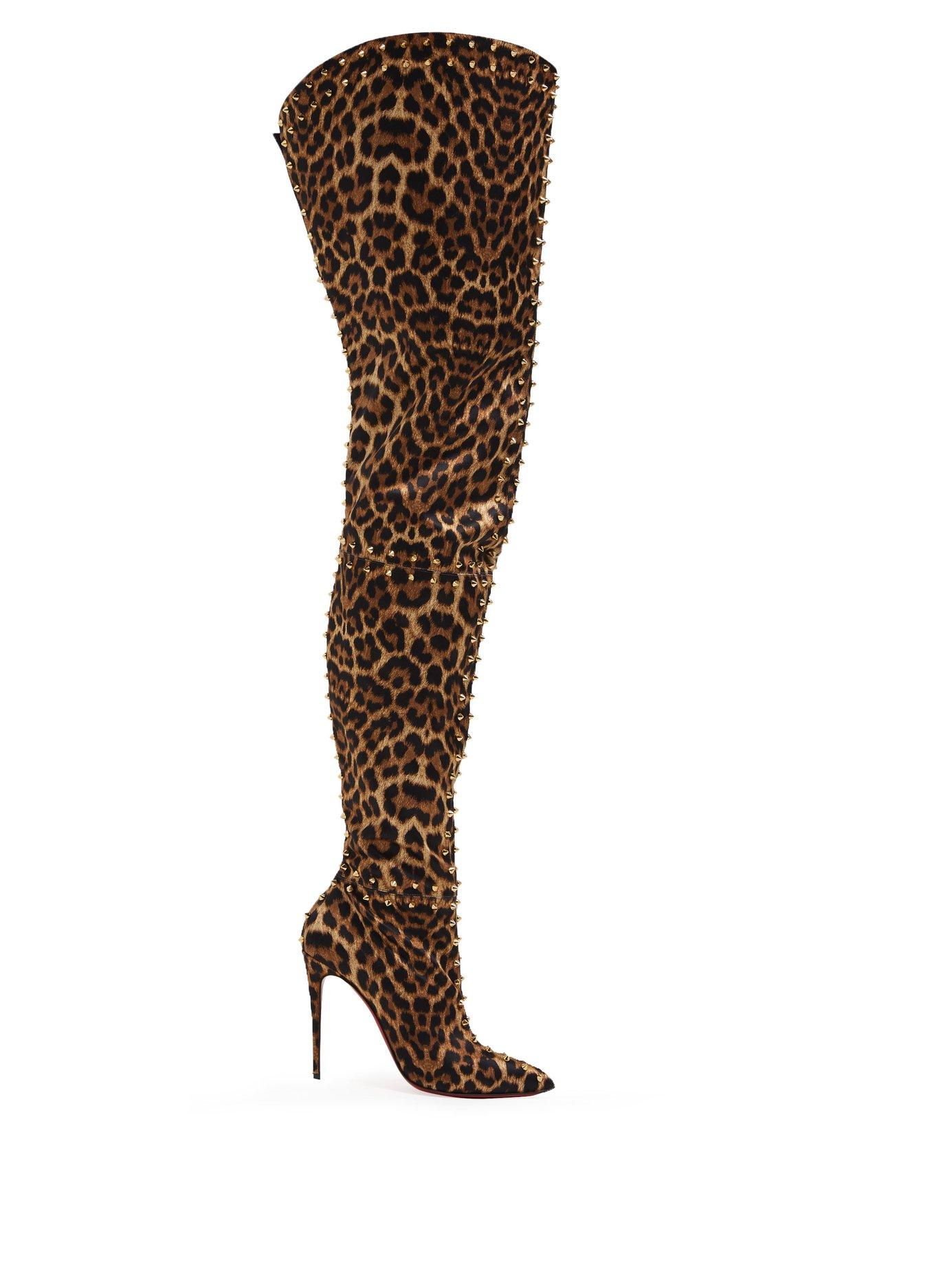 Christian Louboutin Satin Metrolisse 100 Leopard Print Over The Knee Boots  in Brown | Lyst