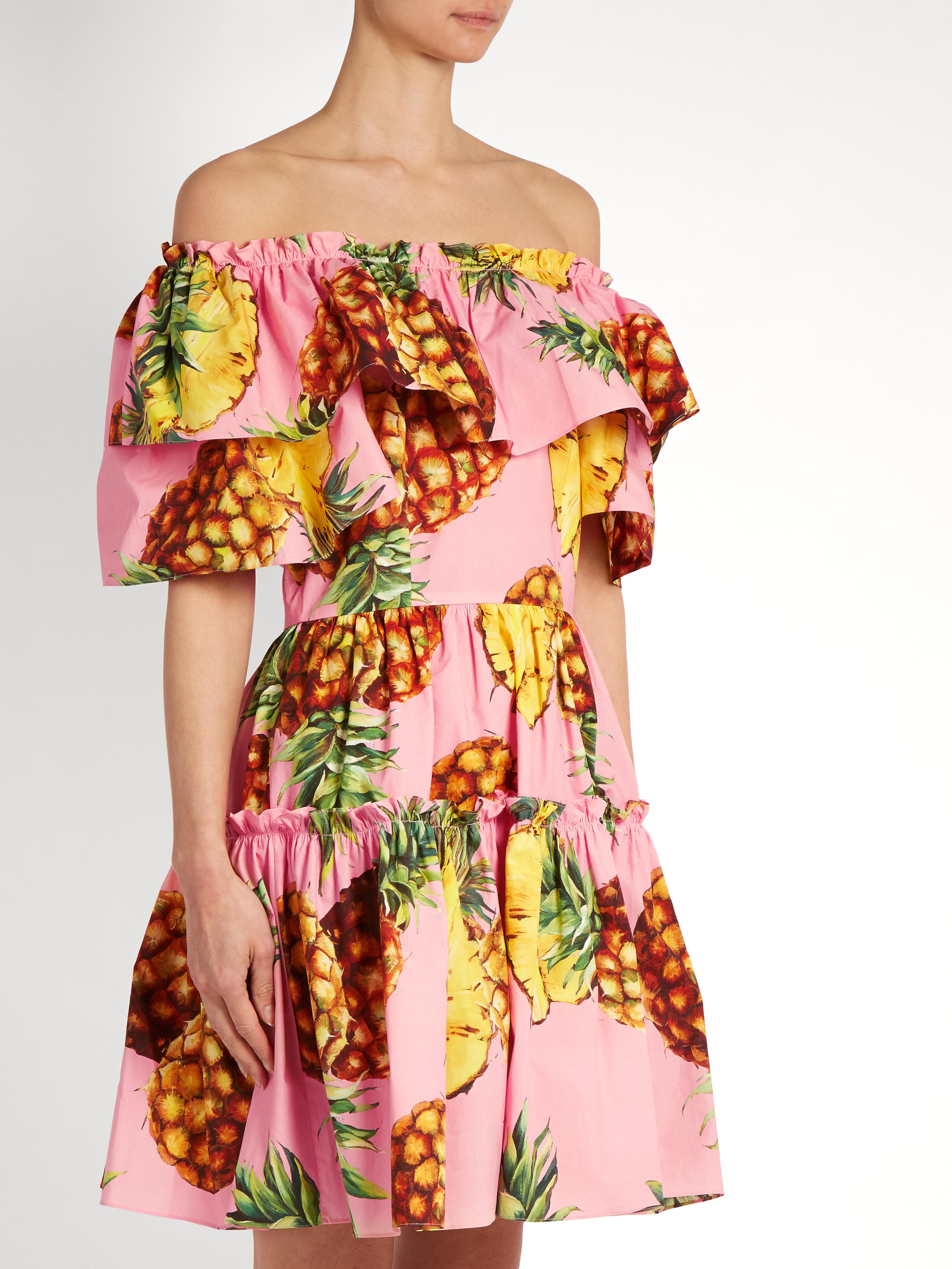 Dolce & Gabbana Pineapple-print Ruffled-panel Cotton Dress in Pink | Lyst